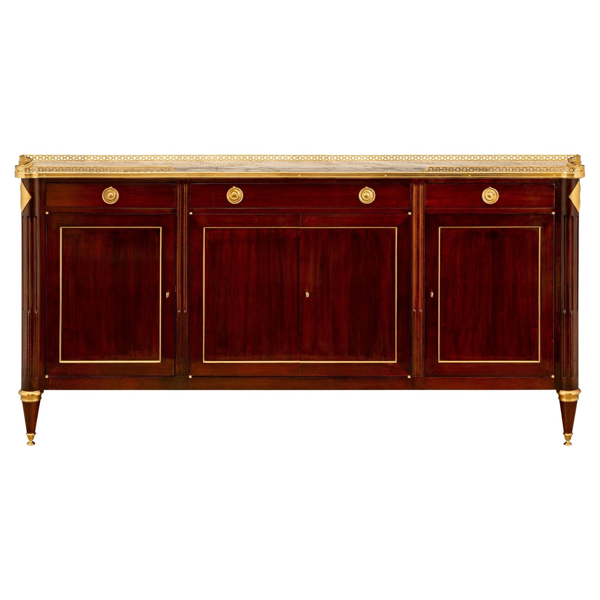 French 19th Century Louis XVI St. Mahogany, Ormolu and Arabescato Marble Buffet For Sale