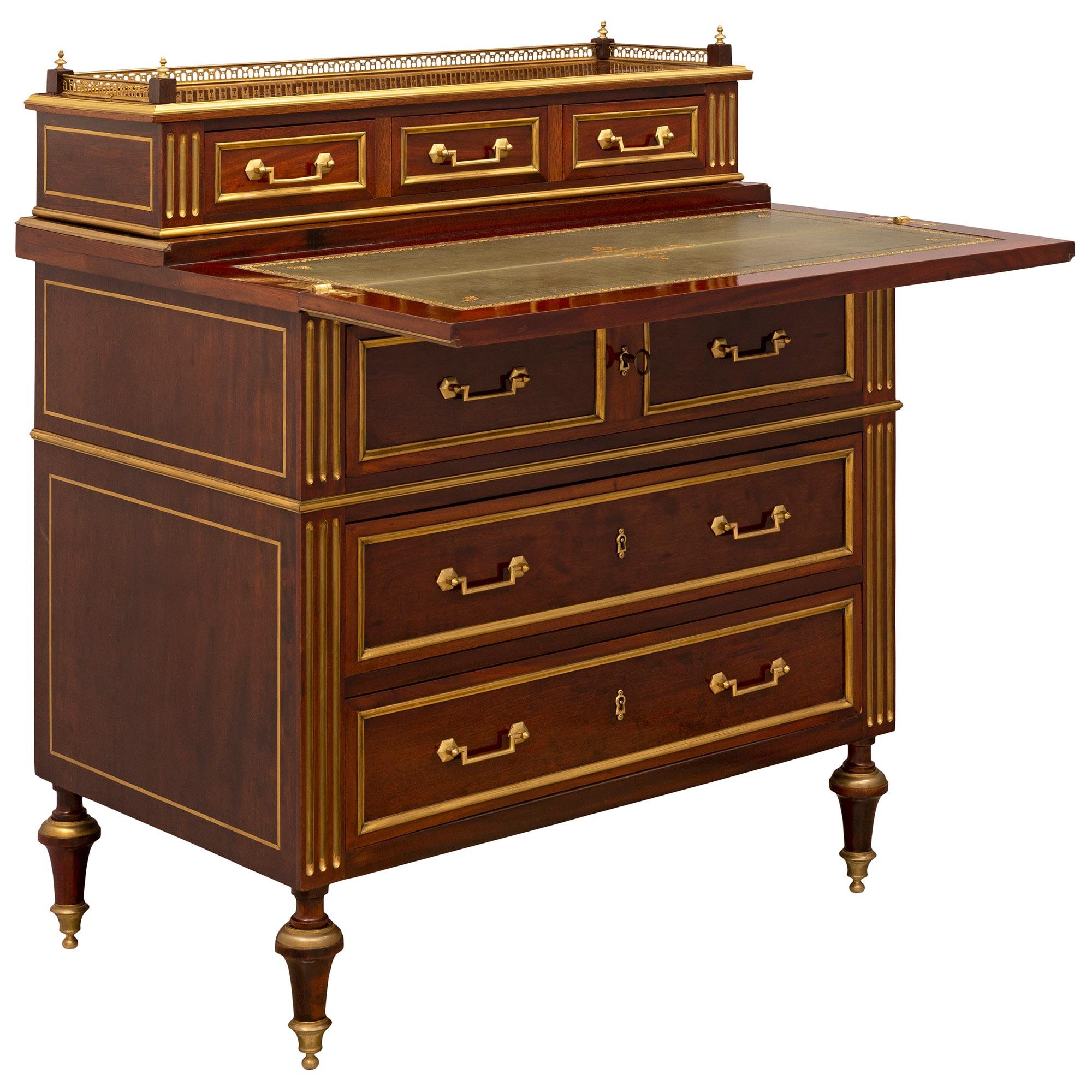 French 19th Century Louis XVI St. Mahogany, Ormolu and Brass Desk In Good Condition In West Palm Beach, FL
