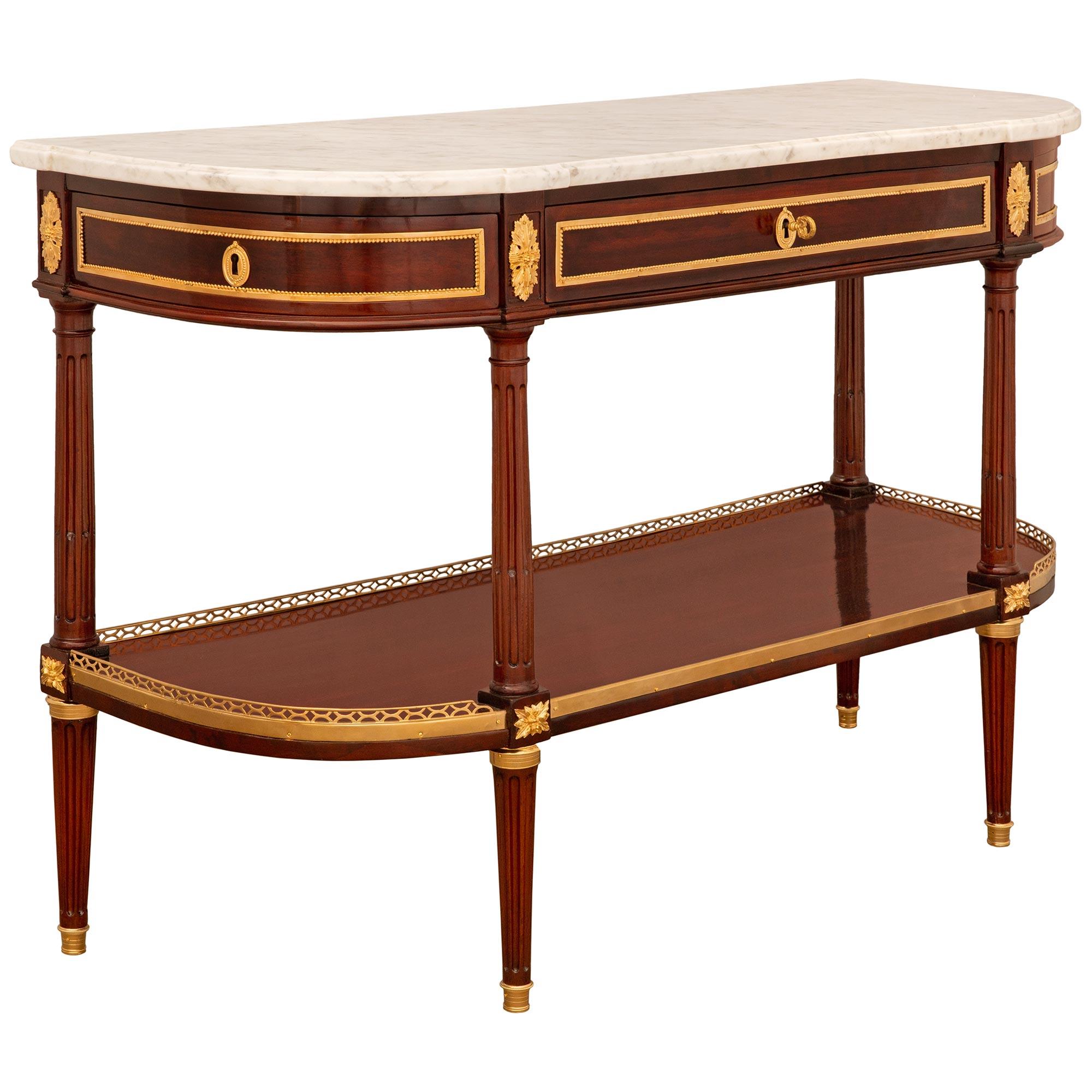 French 19th century Louis XVI st. Mahogany, Ormolu and Carrara marble console In Good Condition For Sale In West Palm Beach, FL