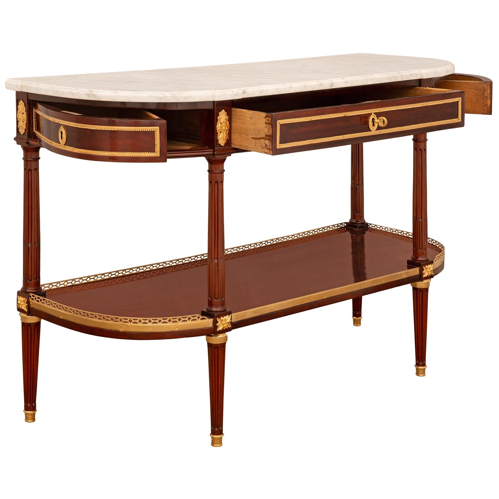 19th Century French 19th century Louis XVI st. Mahogany, Ormolu and Carrara marble console For Sale