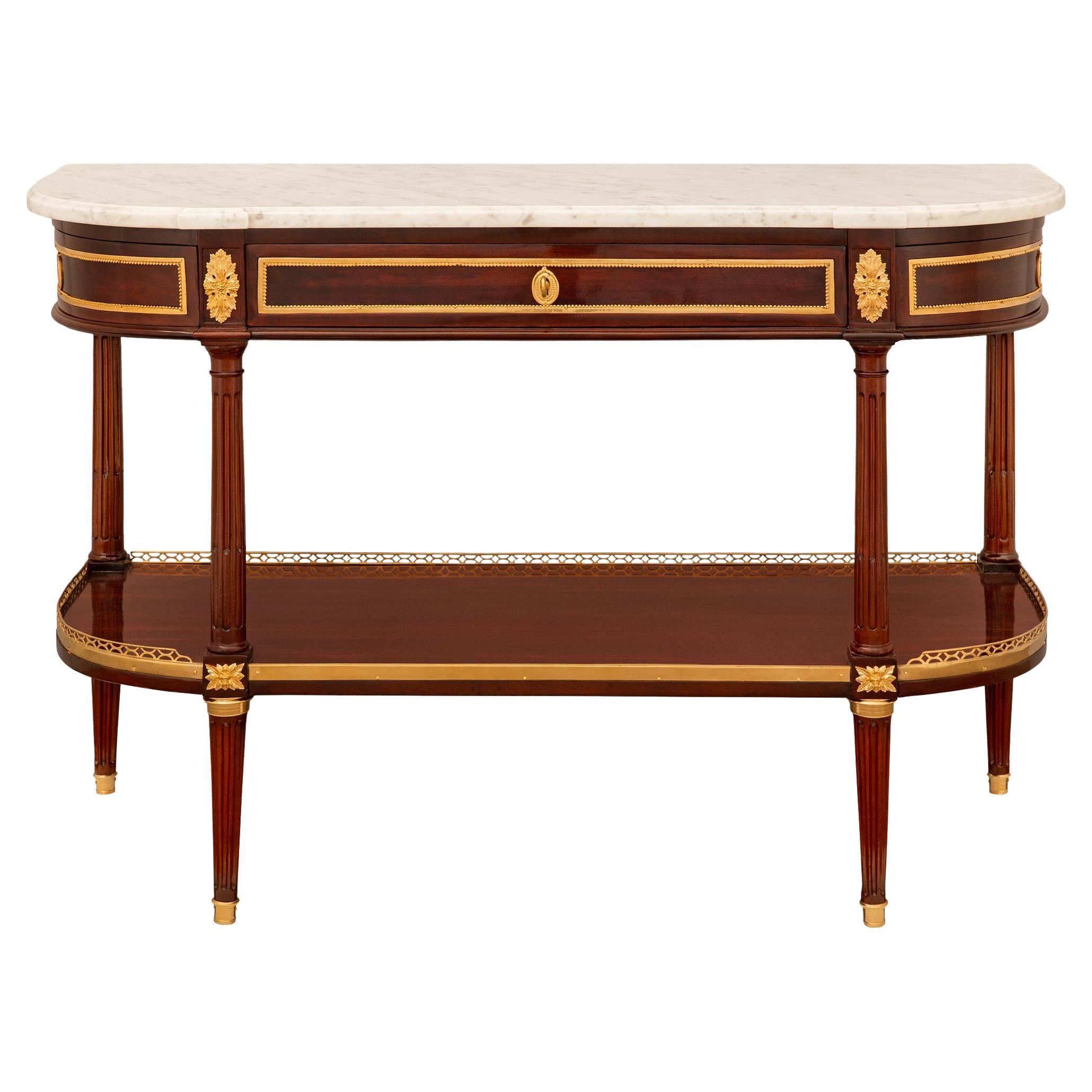 French 19th century Louis XVI st. Mahogany, Ormolu and Carrara marble console