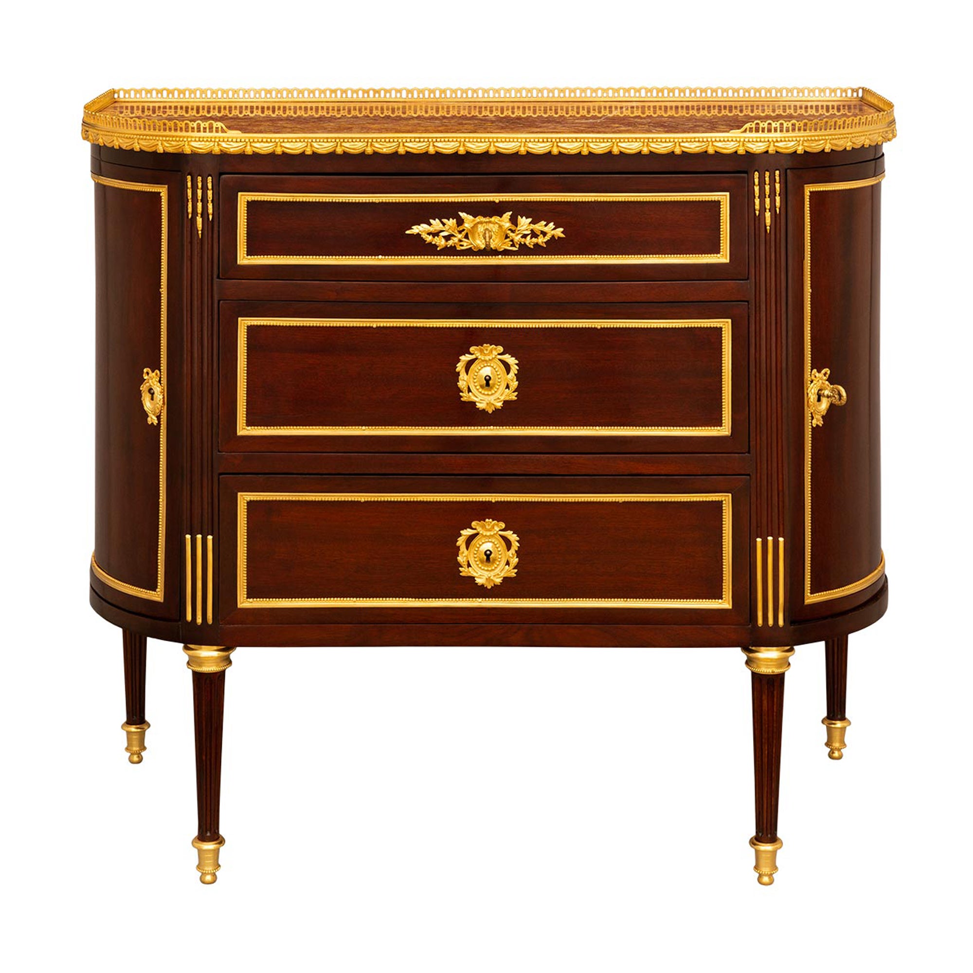 Commode francese del XIX secolo in mogano Luigi XVI, ormolu e marmo di Lumachella