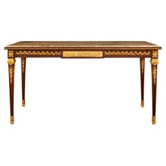 Mesa/escritorio central francés del siglo XIX, estilo Luis XVI, de caoba, ormolu y mármol