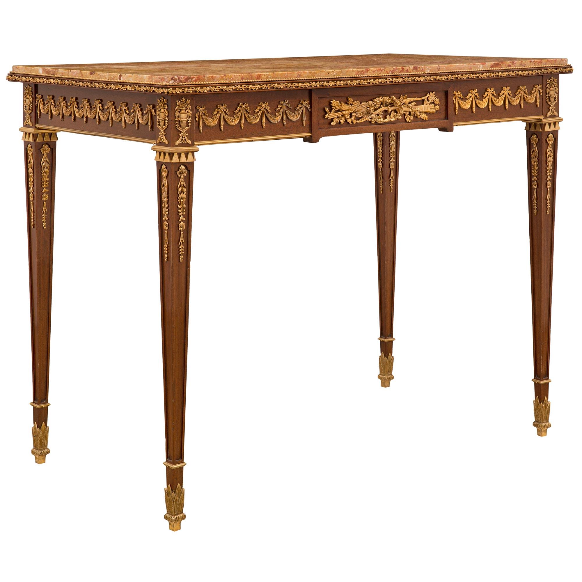 French 19th Century Louis XVI St. Mahogany, Ormolu, and Marble Center Table In Good Condition In West Palm Beach, FL