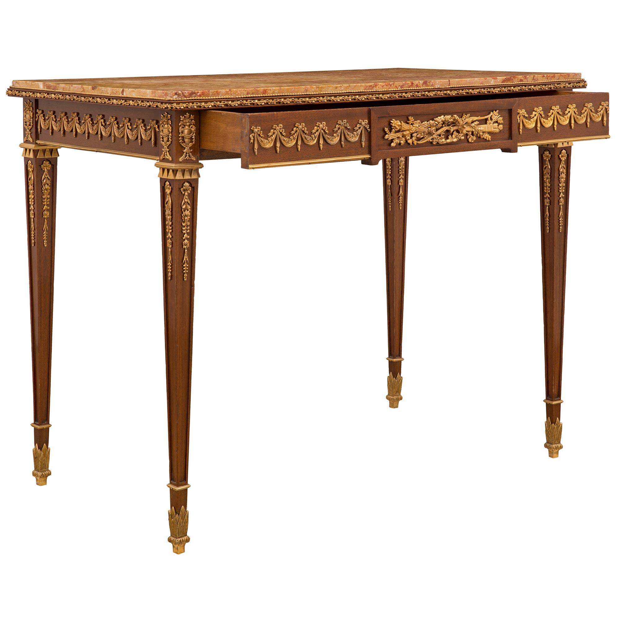French 19th Century Louis XVI St. Mahogany, Ormolu, and Marble Center Table 1