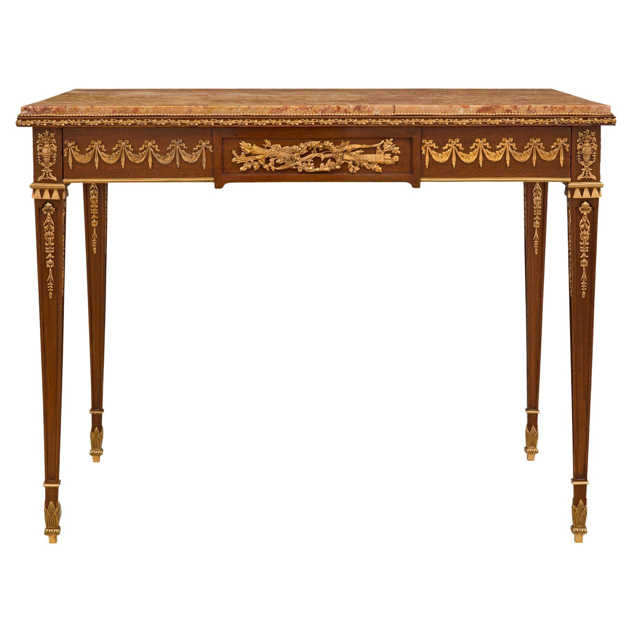 French 19th Century Louis XVI St. Mahogany, Ormolu, and Marble Center Table