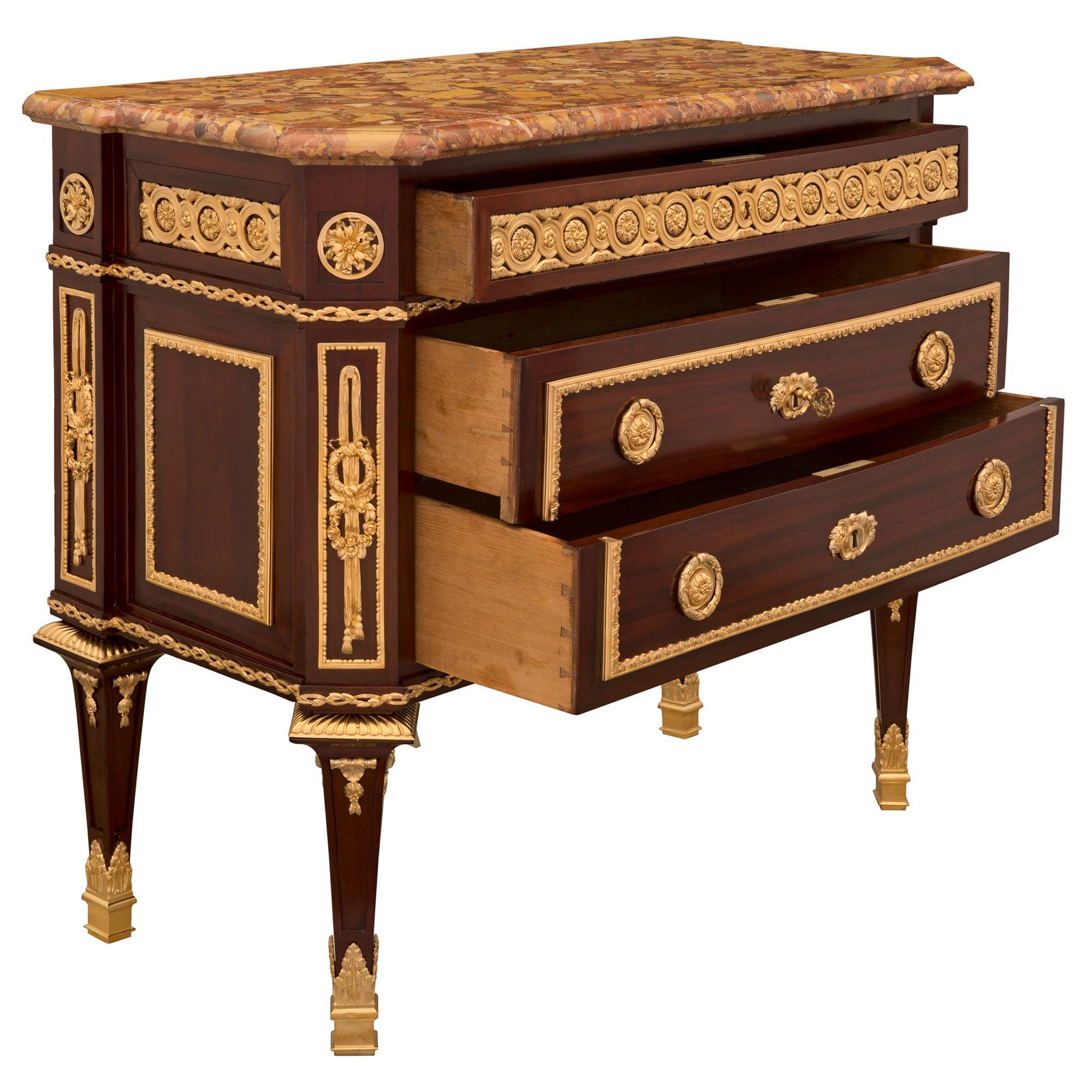 French 19th Century Louis XVI St. Mahogany, Ormolu, and Marble Commode For Sale 1