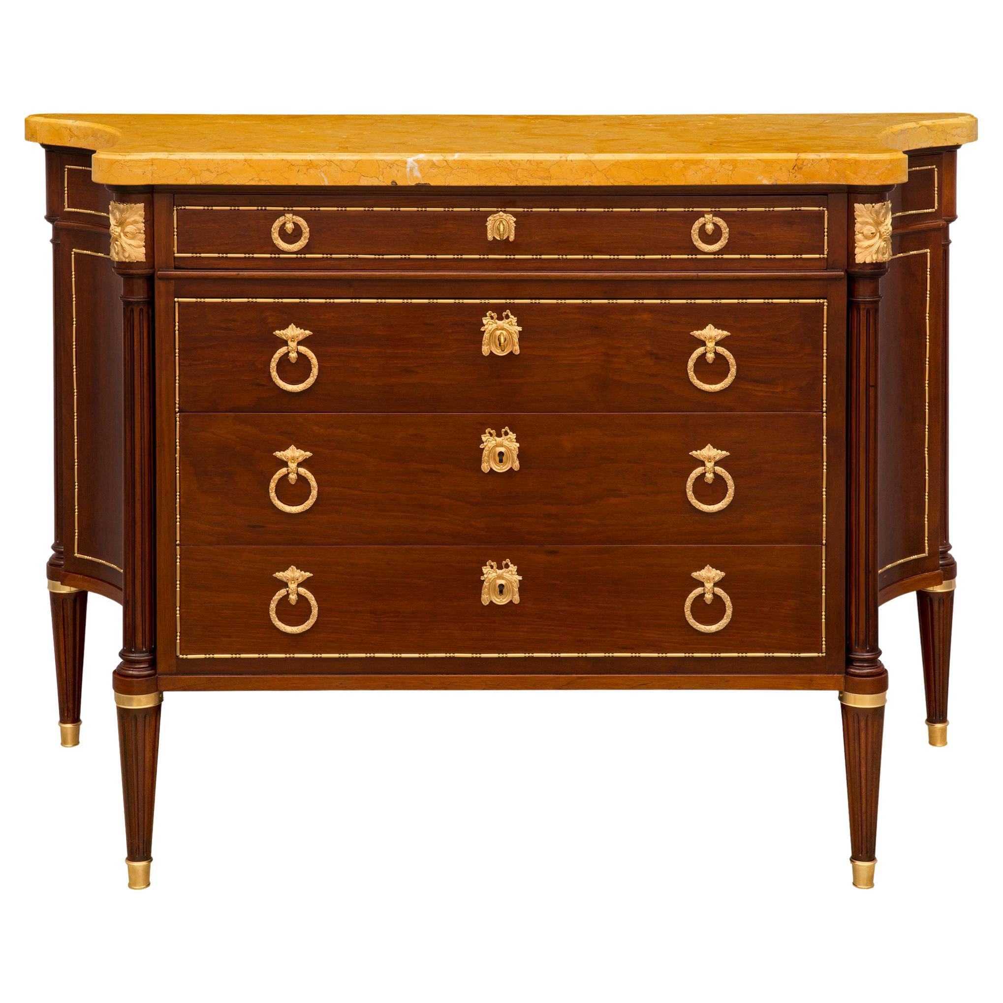 French 19th Century Louis XVI St. Mahogany, Ormolu, and Marble Commode