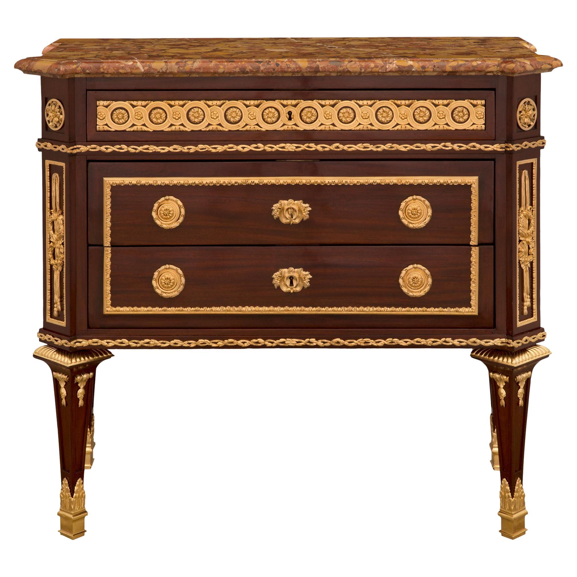 French 19th Century Louis XVI St. Mahogany, Ormolu, and Marble Commode For Sale