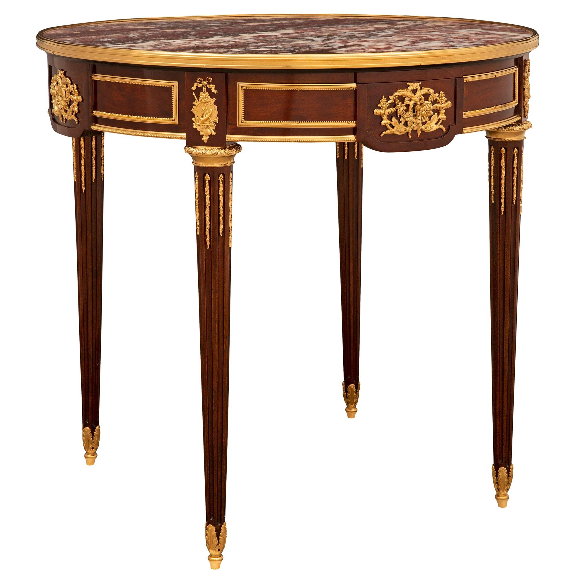 Belle Époque French 19th Century Louis XVI St. Mahogany, Ormolu and Marble Side Table For Sale