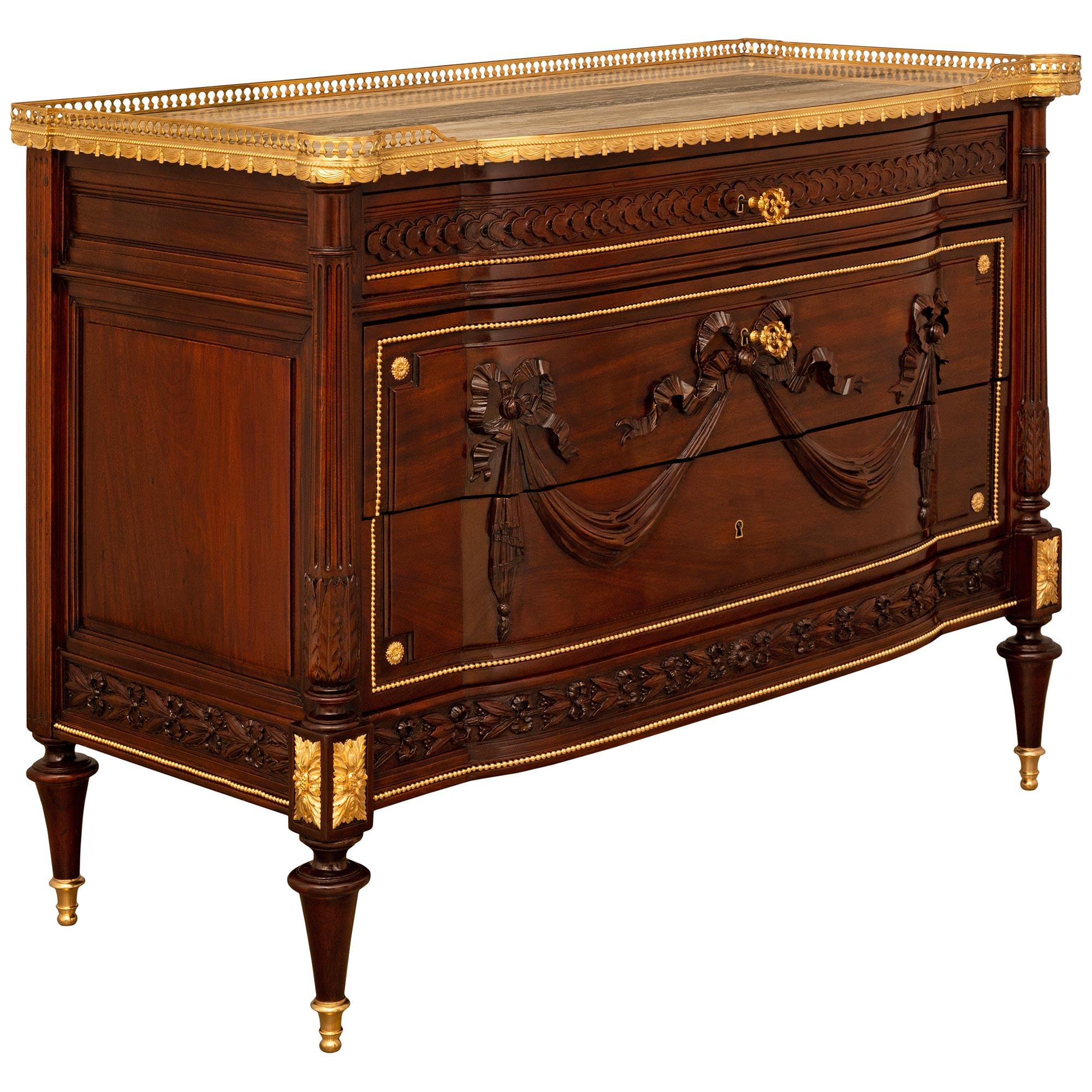 French 19th century Louis XVI st. Mahogany, Ormolu, and Stone commode In Good Condition For Sale In West Palm Beach, FL
