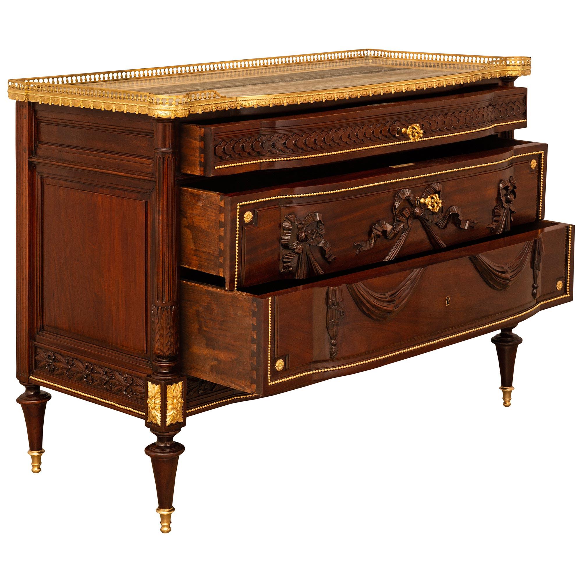 19th Century French 19th century Louis XVI st. Mahogany, Ormolu, and Stone commode For Sale