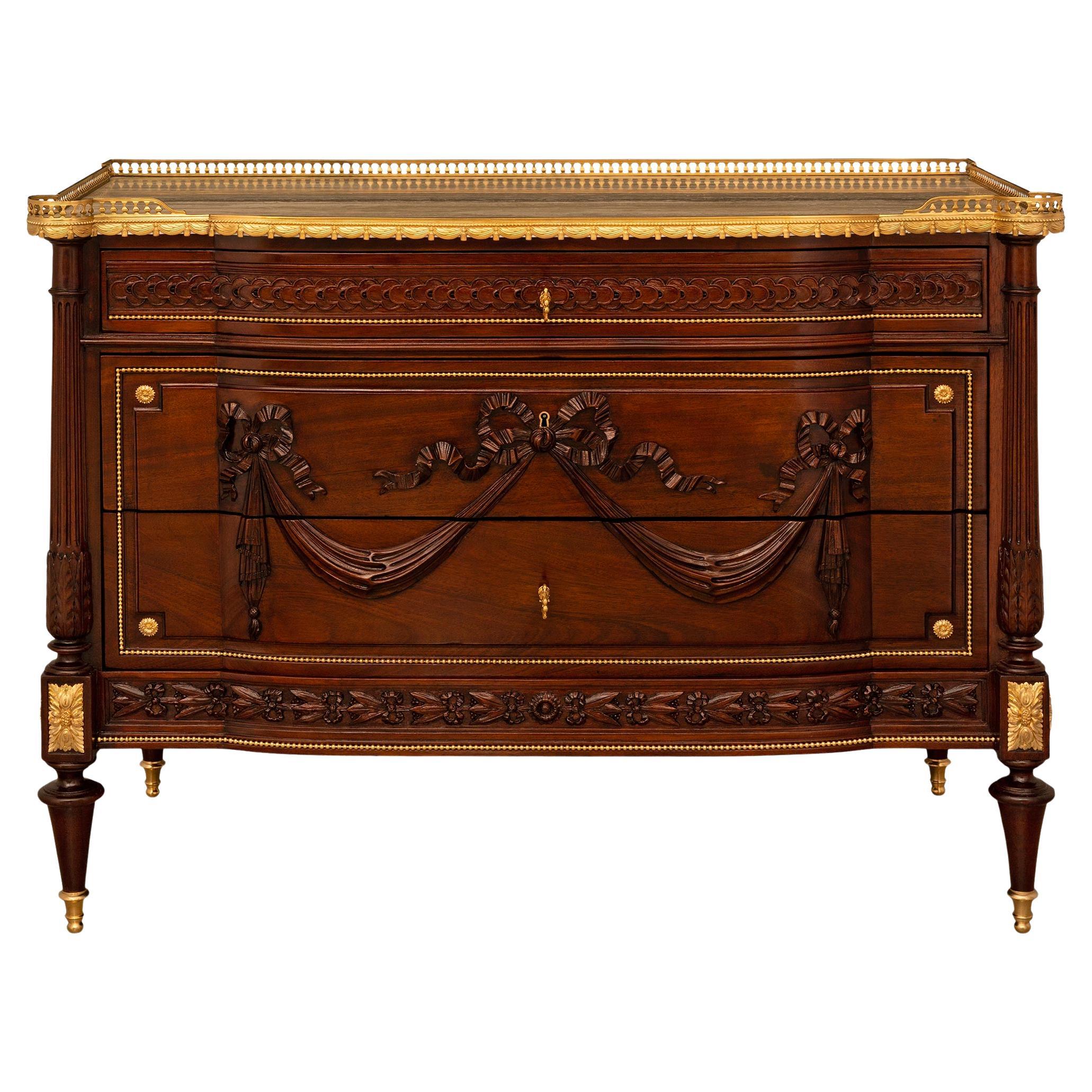 French 19th century Louis XVI st. Mahogany, Ormolu, and Stone commode For Sale