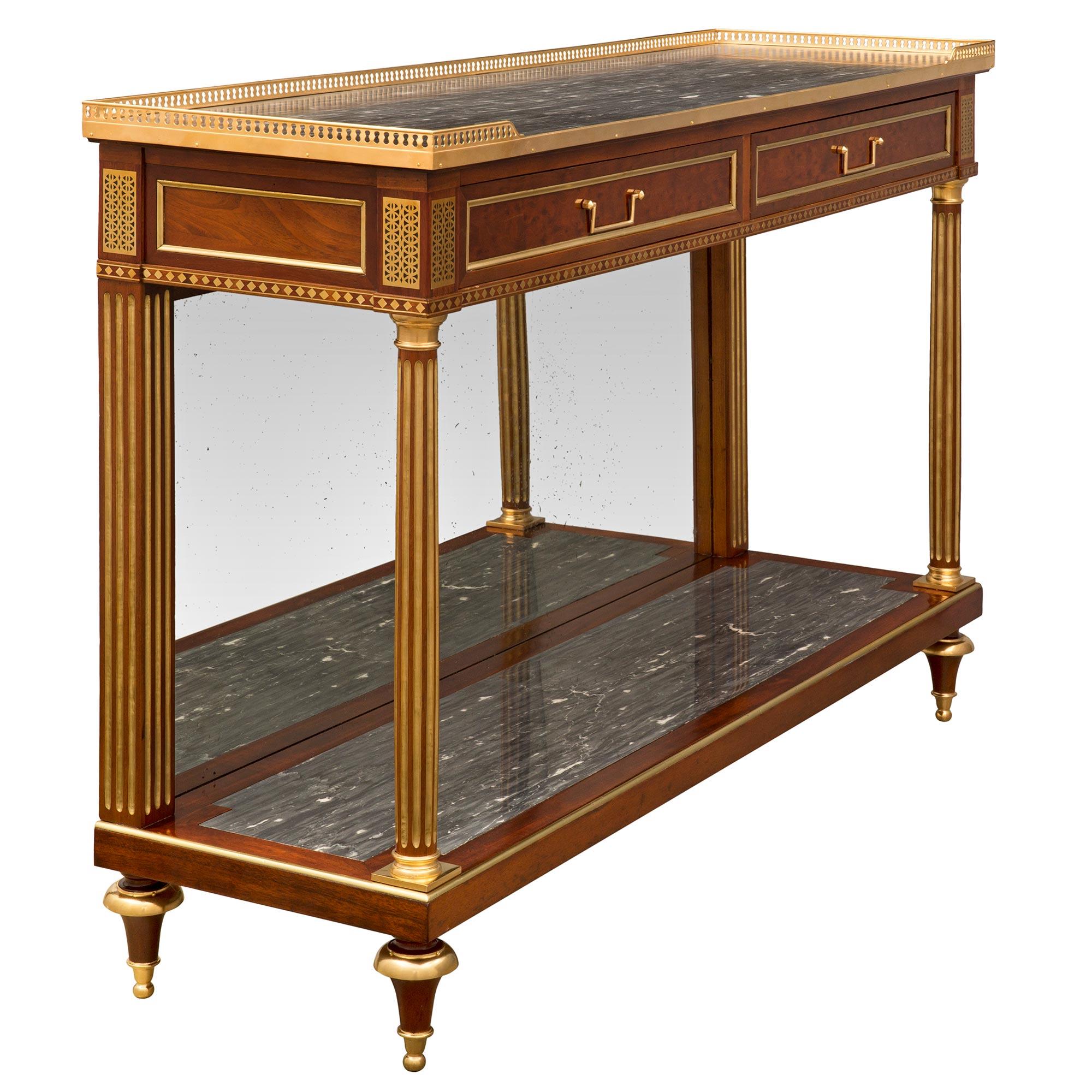 French 19th Century Louis XVI St. Mahogany, Ormolu, Brass, And Marble Console In Good Condition In West Palm Beach, FL