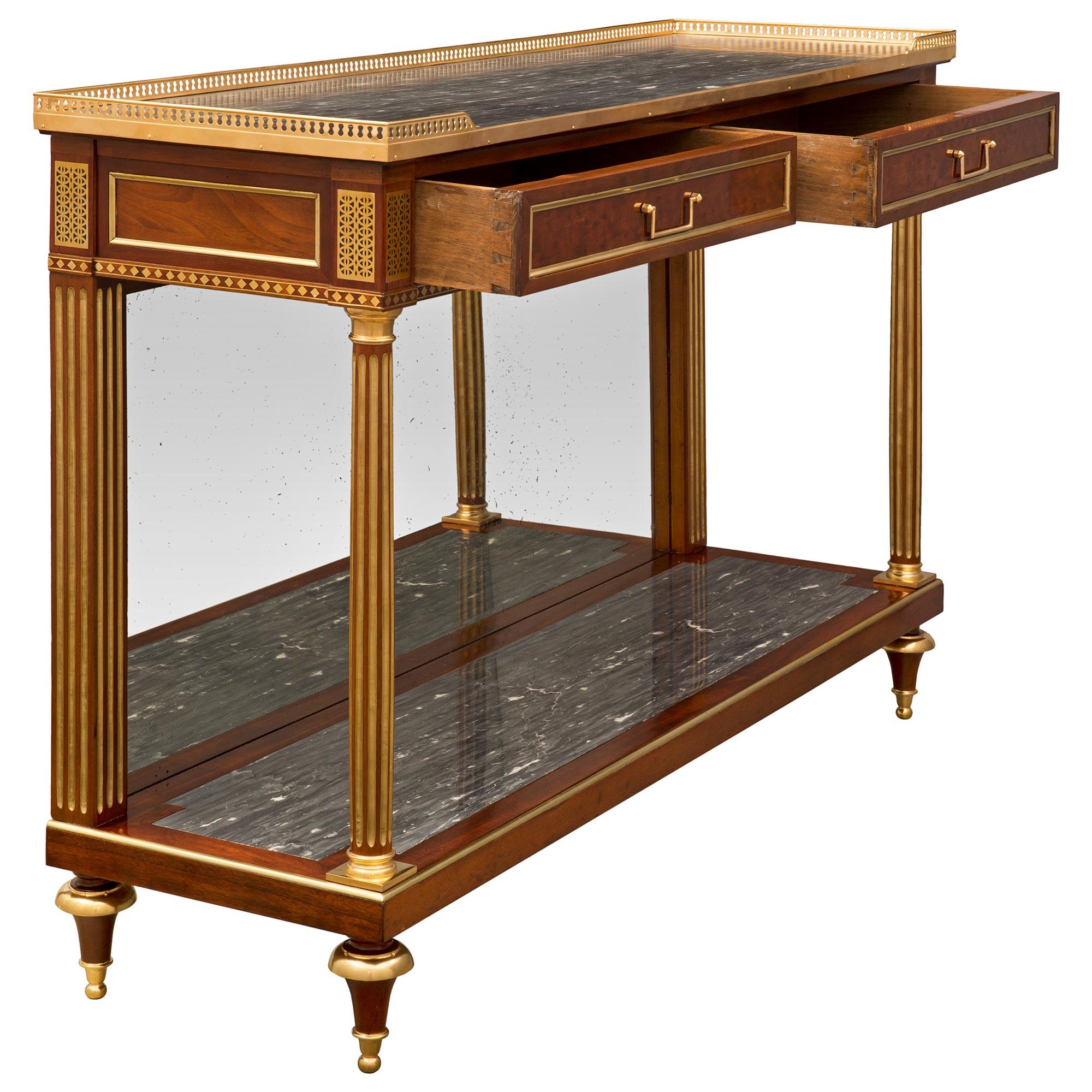 French 19th Century Louis XVI St. Mahogany, Ormolu, Brass, And Marble Console 1