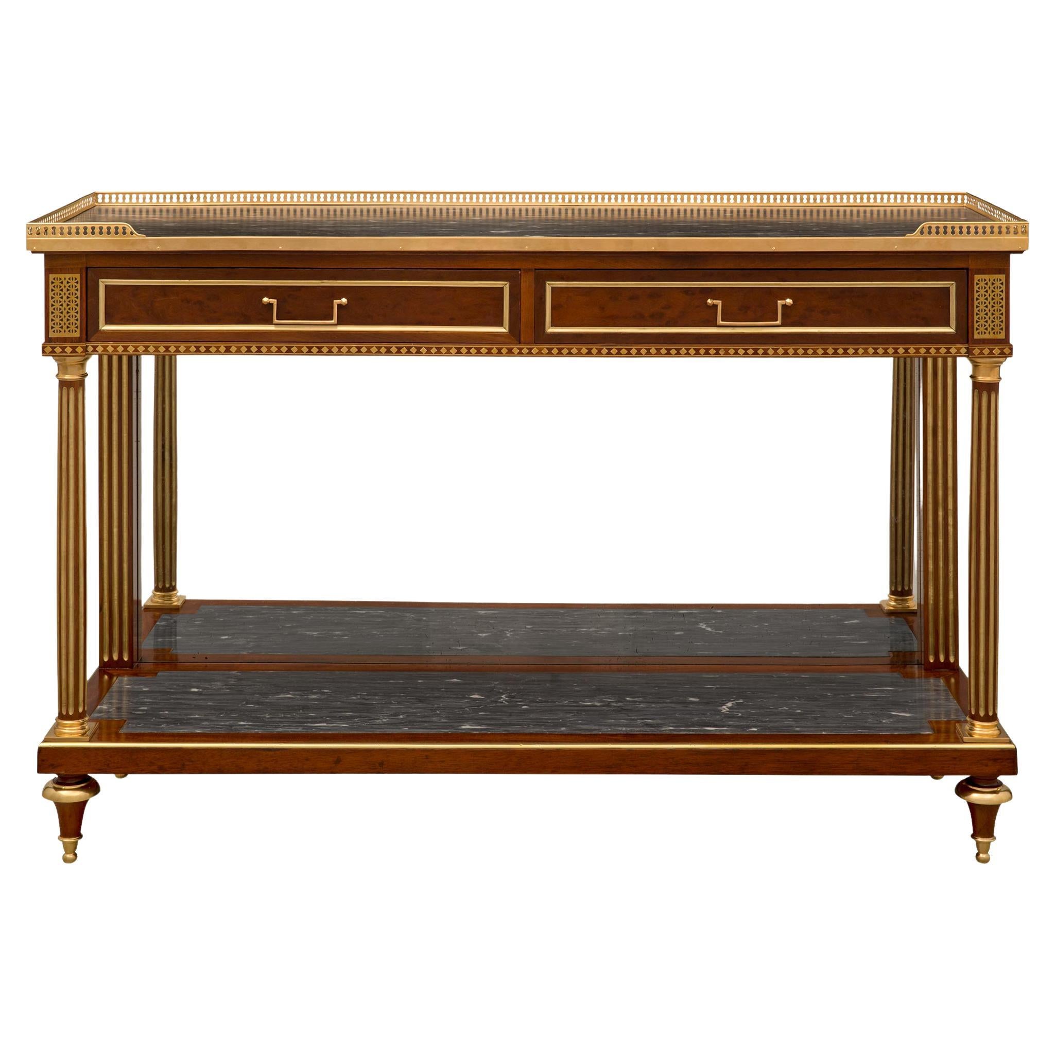 French 19th Century Louis XVI St. Mahogany, Ormolu, Brass, And Marble Console