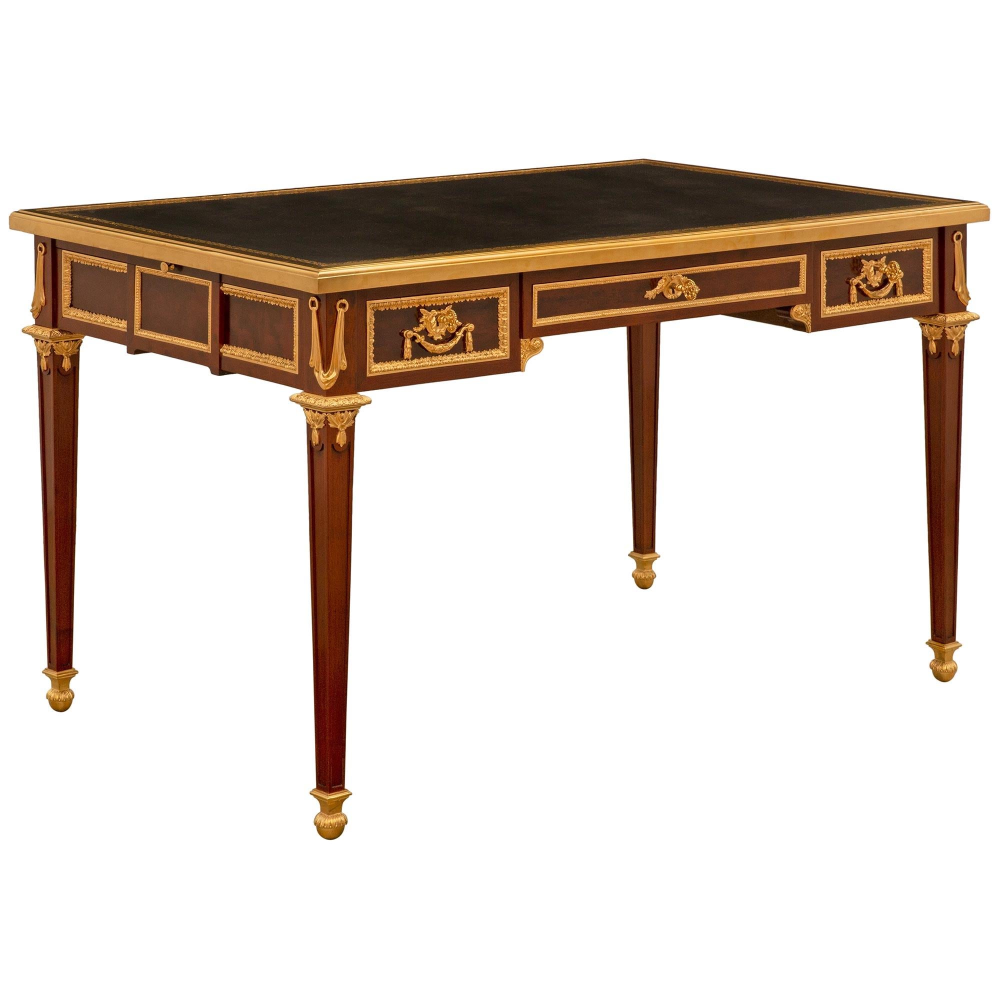 French 19th Century Louis XVI St. Mahogany, Ormolu Desk, Signed Linke In Good Condition For Sale In West Palm Beach, FL