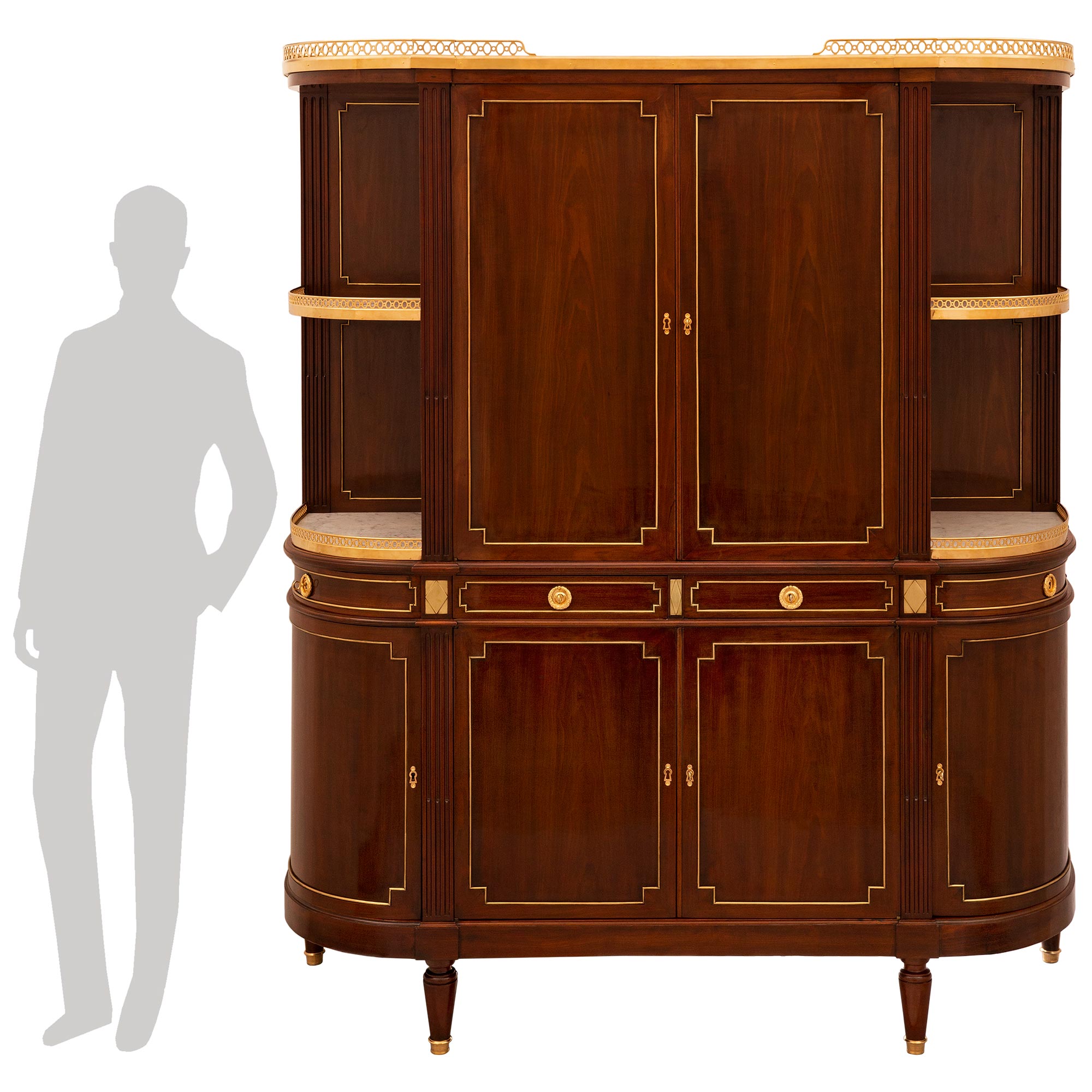 French 19th Century Louis XVI St. Mahogany, Ormolu, & Marble Deux-Corps Cabinet For Sale