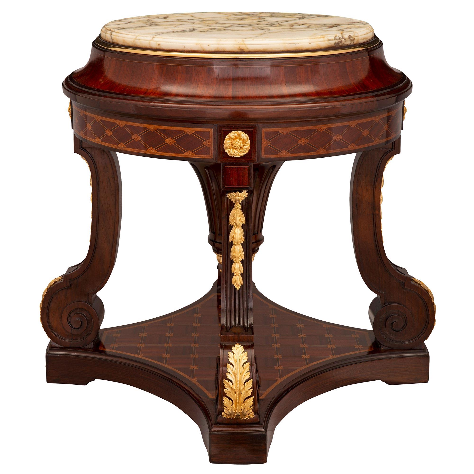 Belle Époque French 19th Century Louis XVI St. Mahogany, Tulipwood, and Marble Pedestal