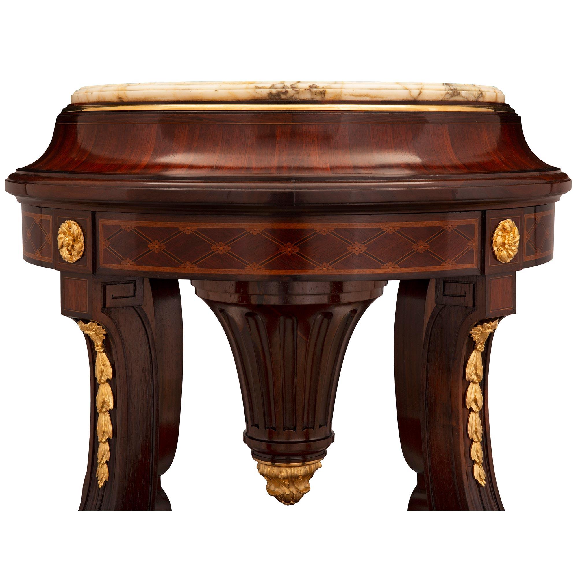 French 19th Century Louis XVI St. Mahogany, Tulipwood, and Marble Pedestal In Good Condition In West Palm Beach, FL