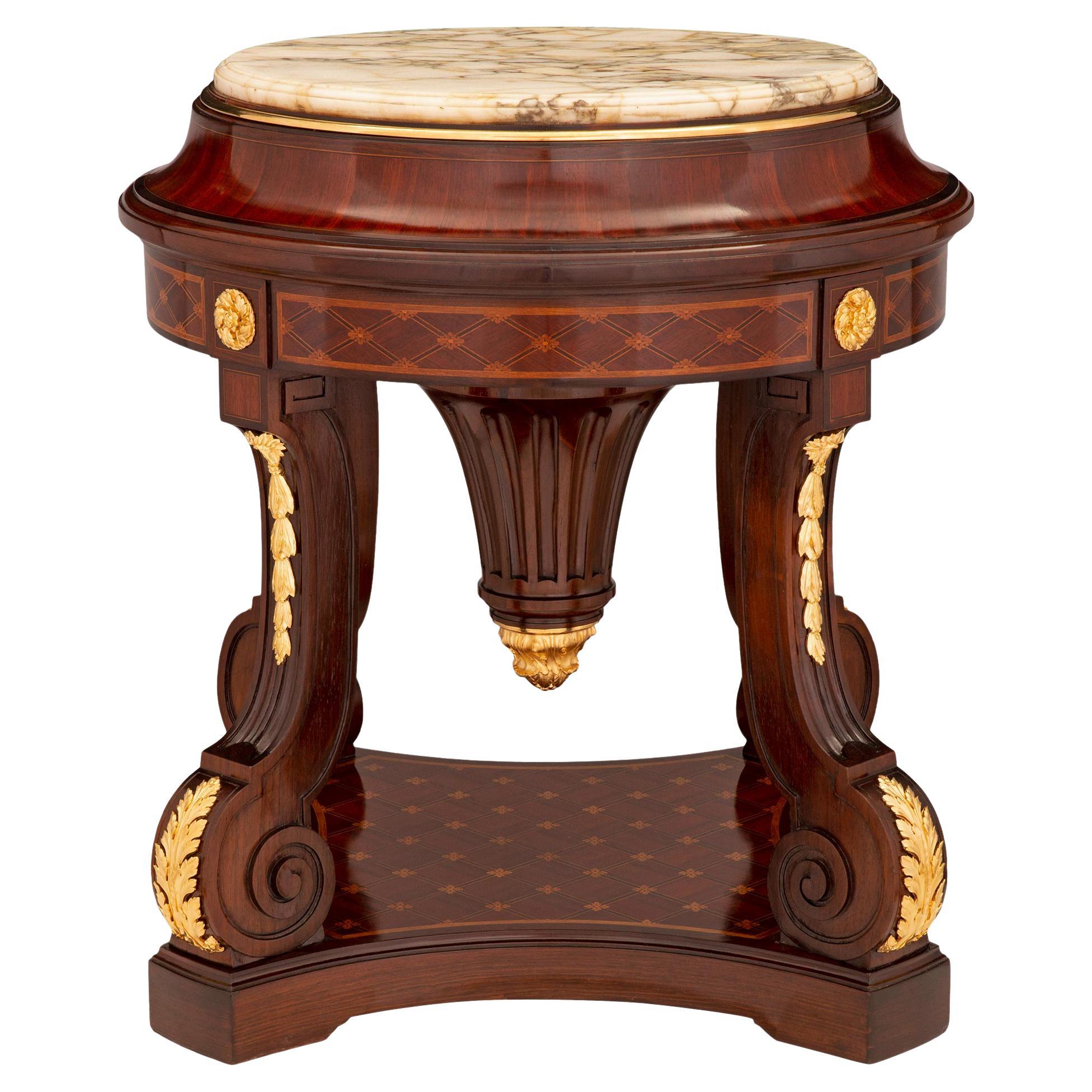 French 19th Century Louis XVI St. Mahogany, Tulipwood, and Marble Pedestal