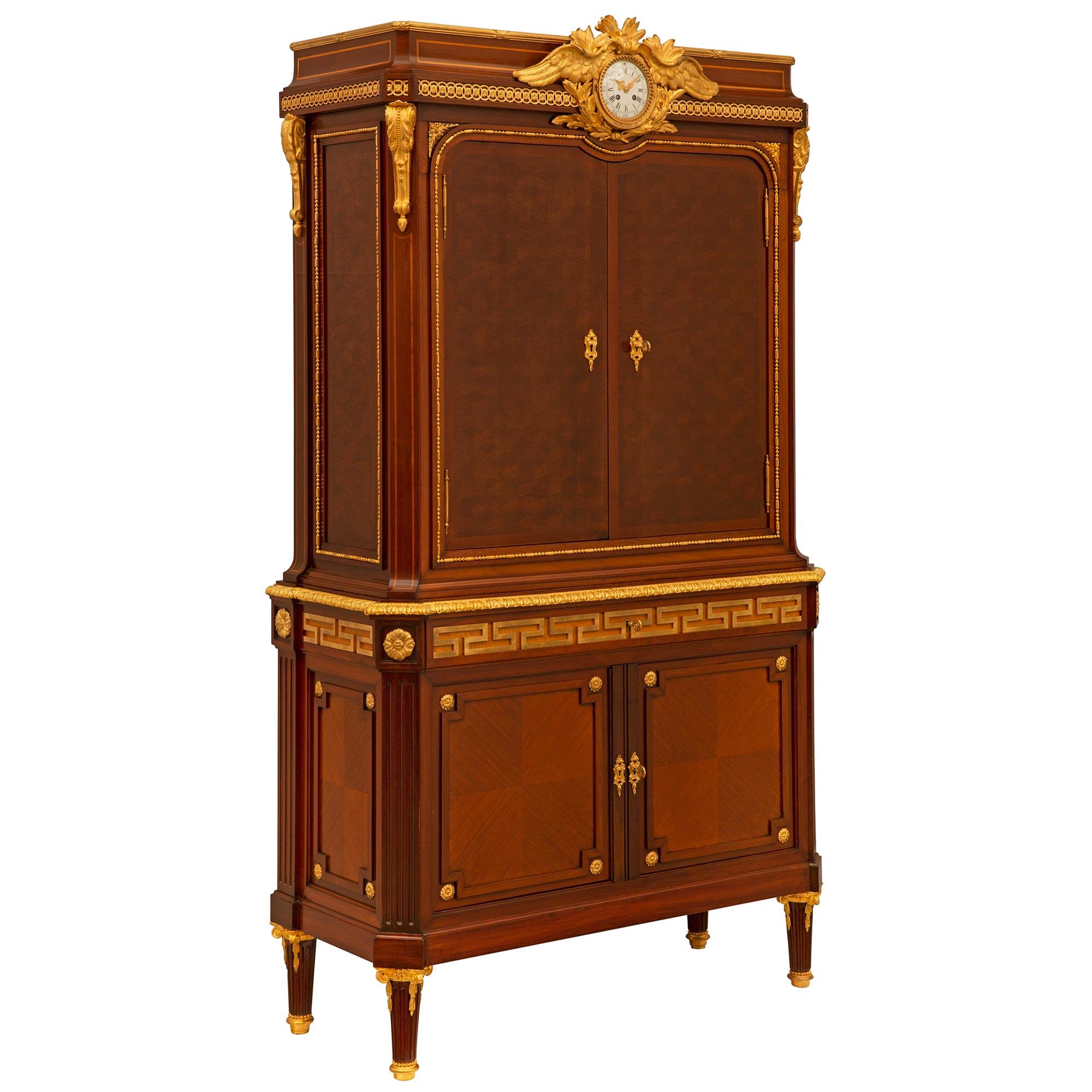 French 19th Century Louis XVI St. Mahogany, Tulipwood and Ormolu Clock Cabinet In Good Condition For Sale In West Palm Beach, FL