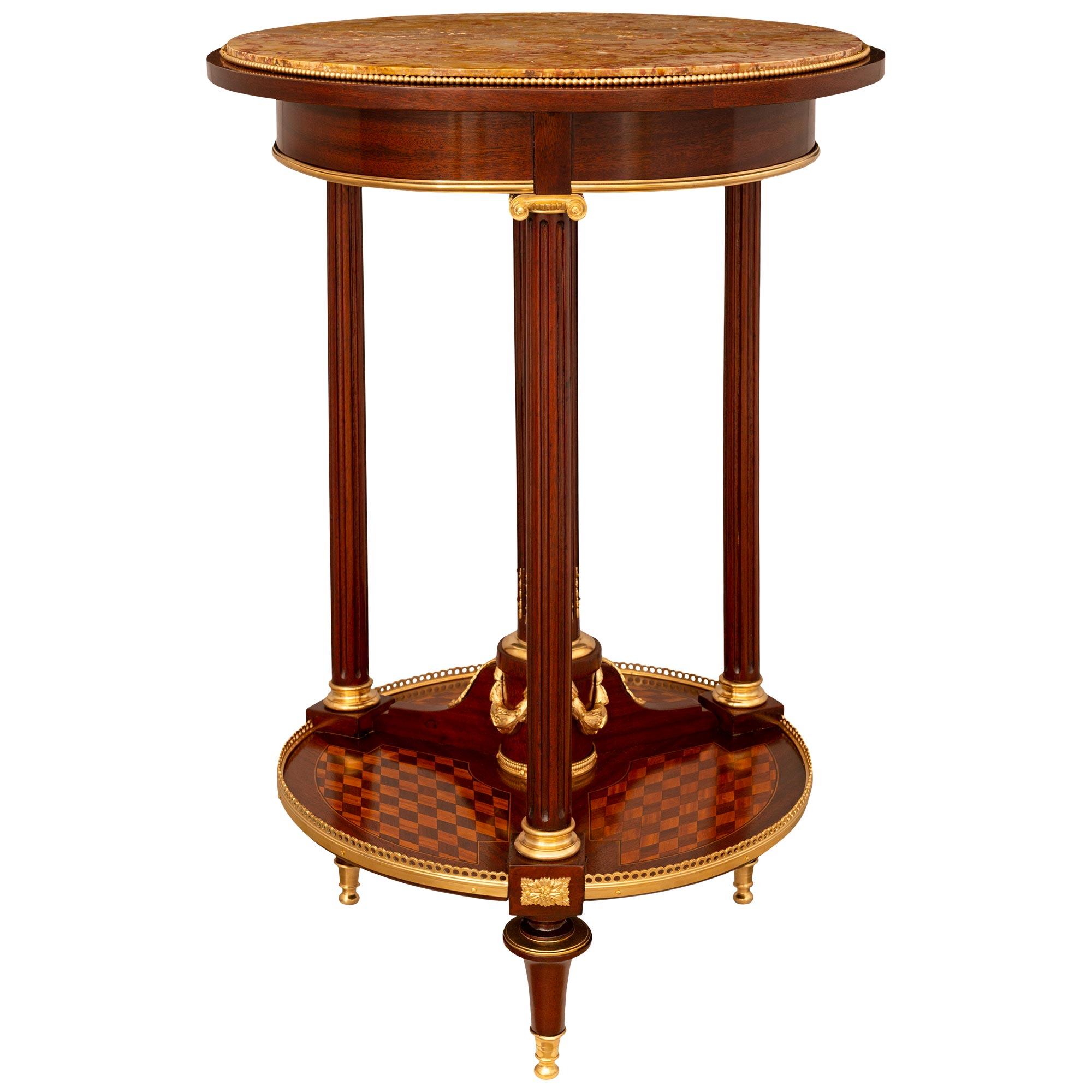 French 19th Century Louis XVI St. Mahogany, Tulipwood, Ormolu, And Marble Table For Sale 7