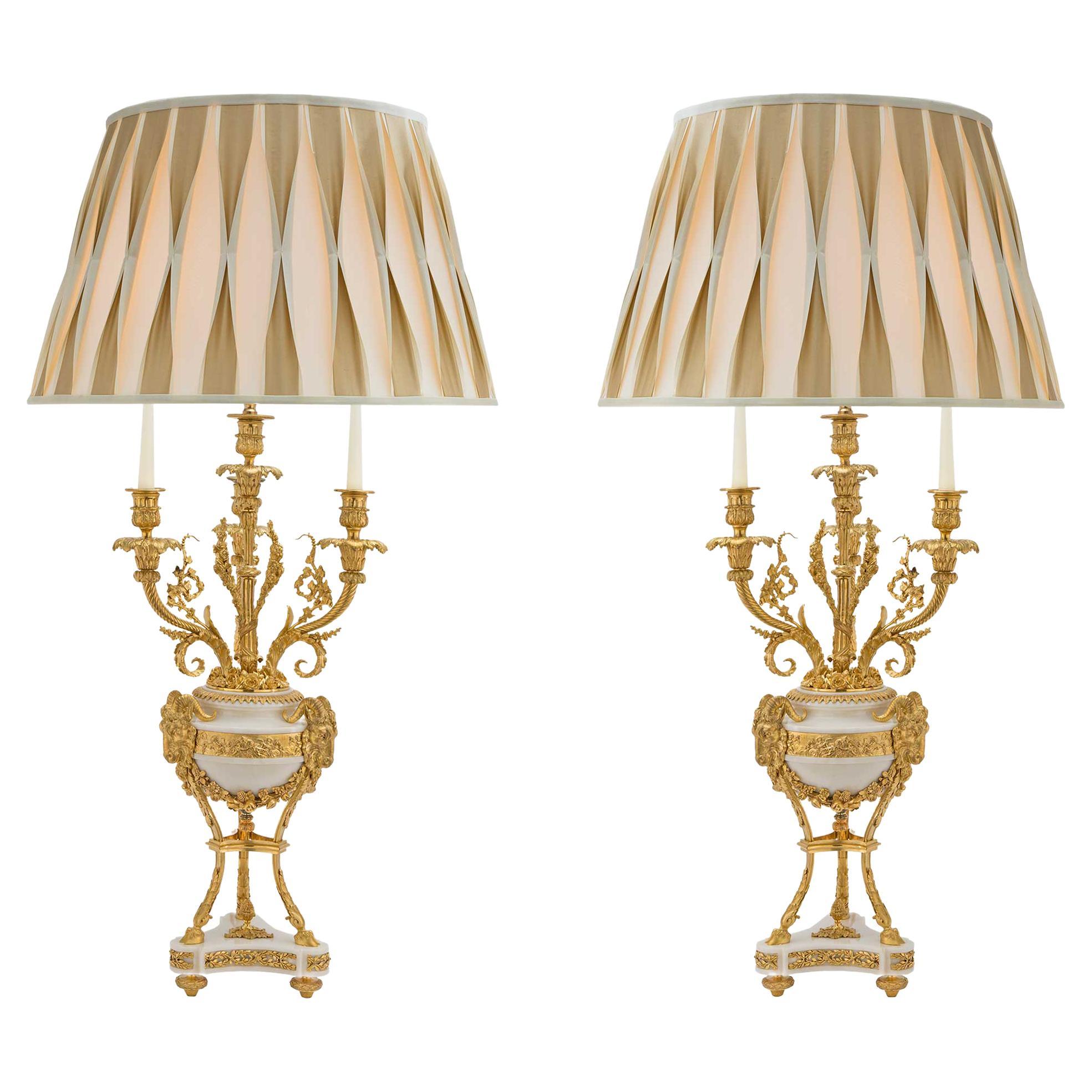 French 19th Century Louis XVI St. Marble and Ormolu Candelabras Lamps