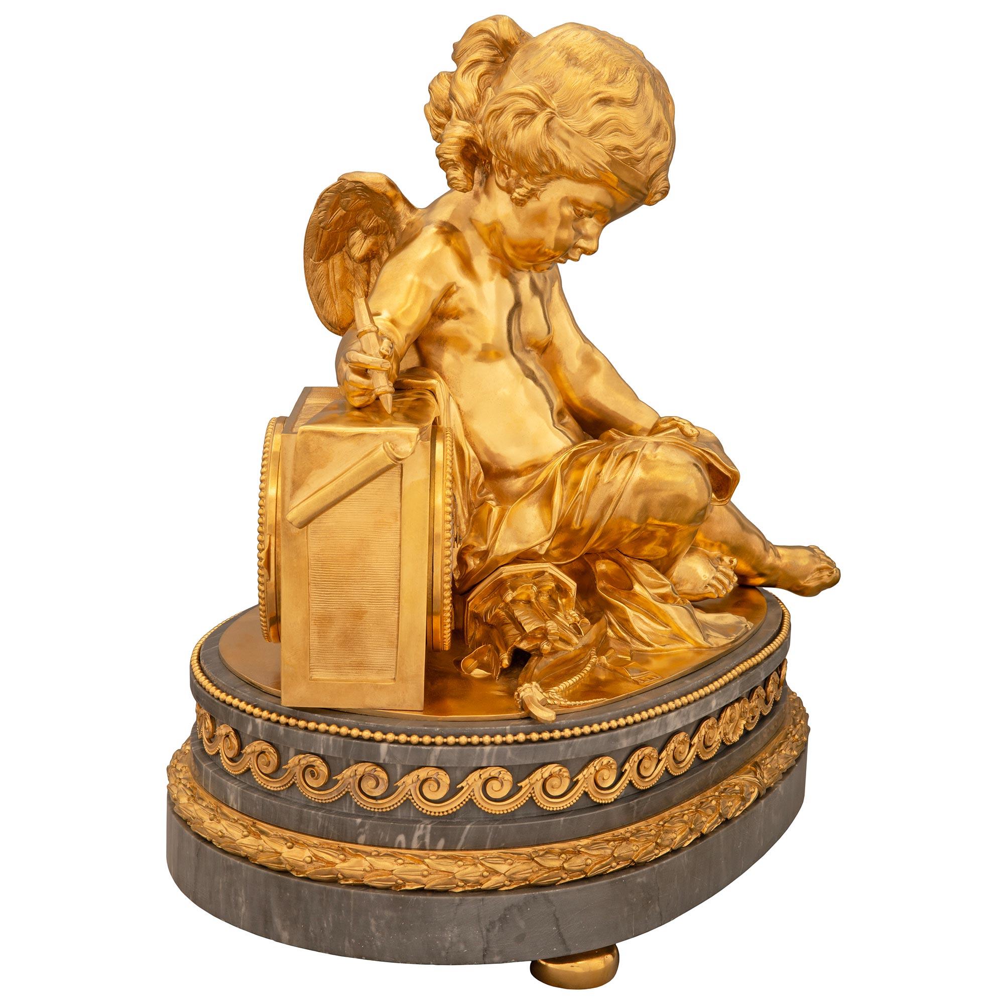 French 19th century Louis XVI st. marble and Ormolu clock, signed Derniere In Good Condition For Sale In West Palm Beach, FL