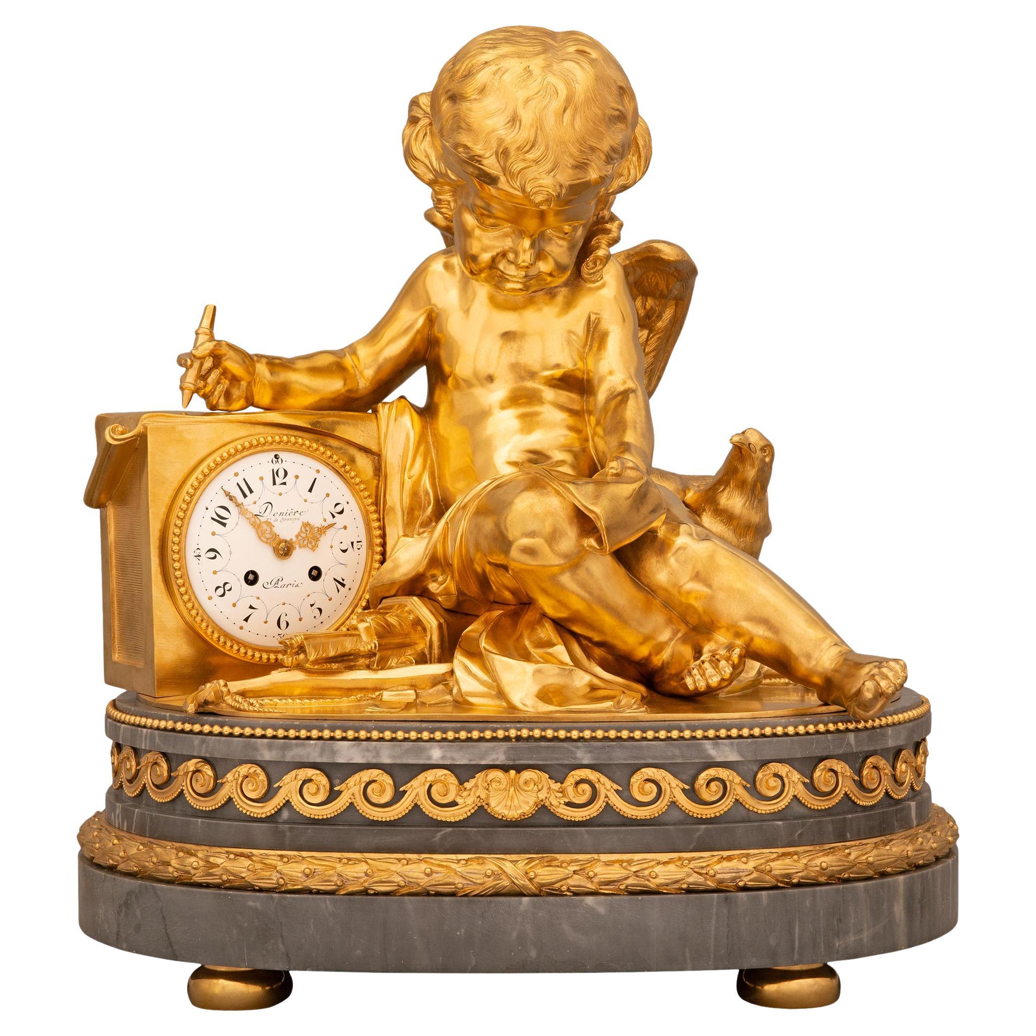 Horloge française du 19e siècle en marbre de style Louis XVI et bronze doré, signée Derniere