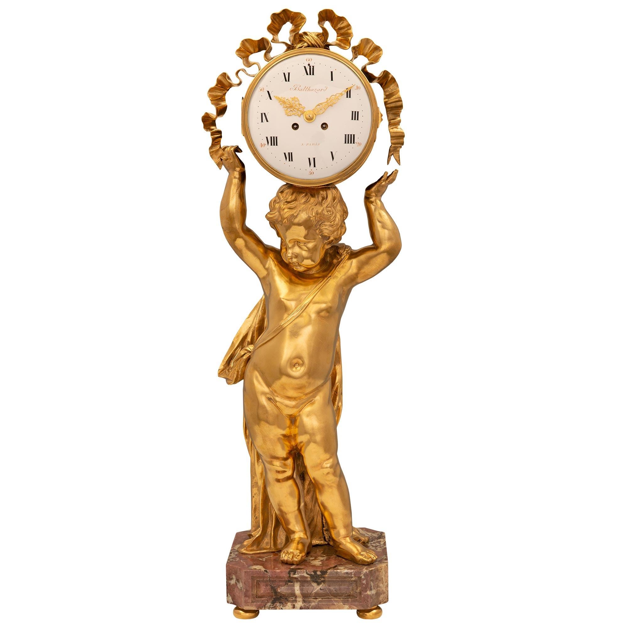 French 19th Century Louis XVI St. Marble, Ormolu and Patinated Bronze Clock For Sale 9