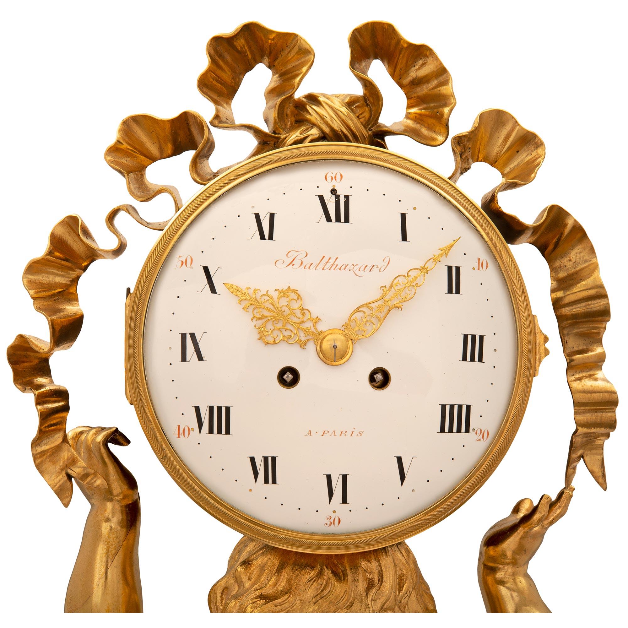 French 19th Century Louis XVI St. Marble, Ormolu and Patinated Bronze Clock For Sale 2