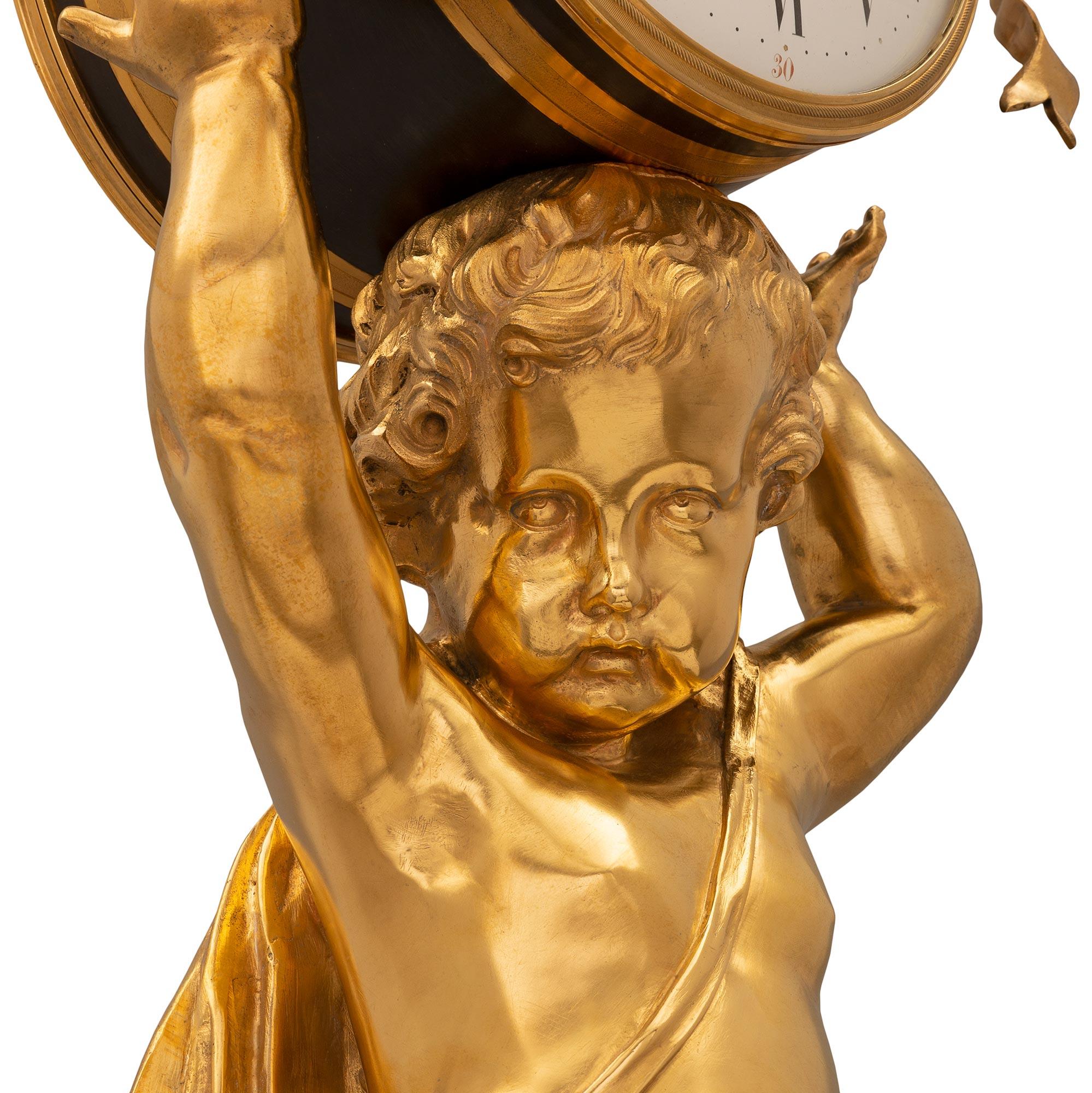 French 19th Century Louis XVI St. Marble, Ormolu and Patinated Bronze Clock For Sale 4
