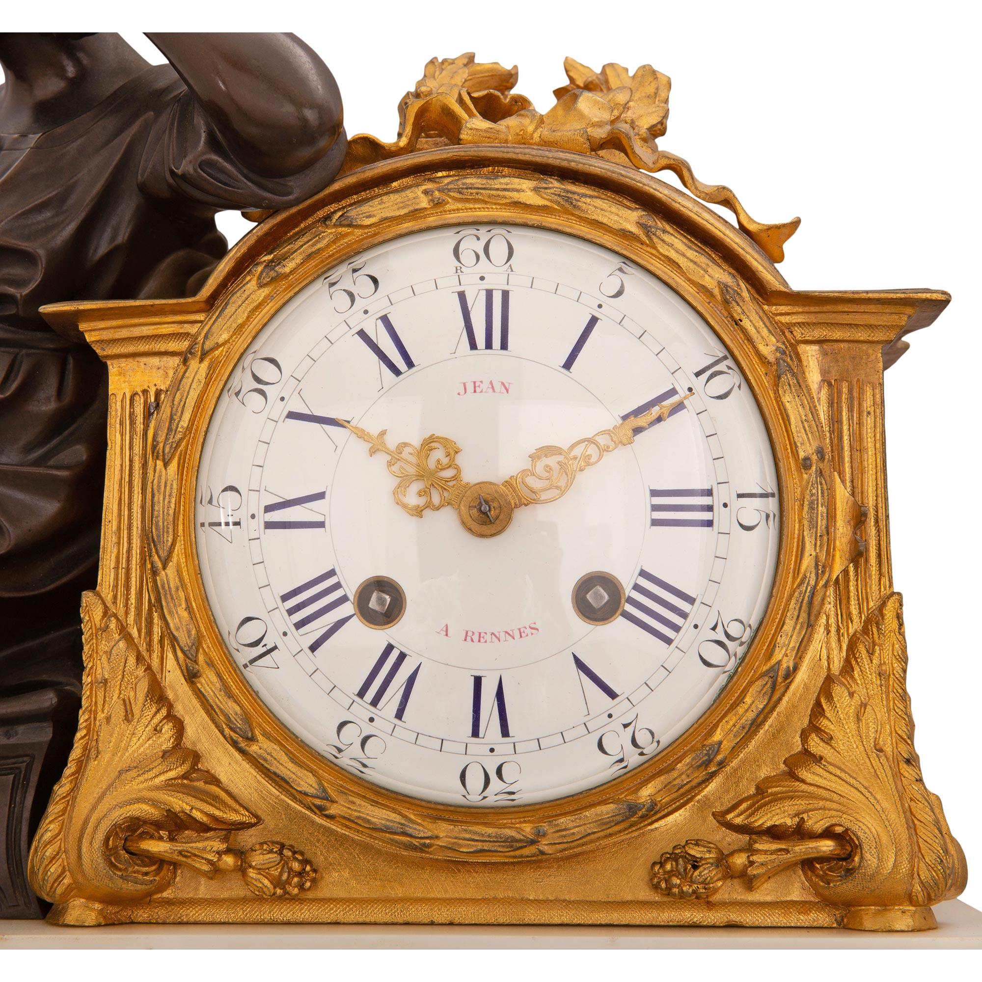 French 19th Century Louis XVI St. Marble, Ormolu and Patinated Bronze Clock For Sale 5