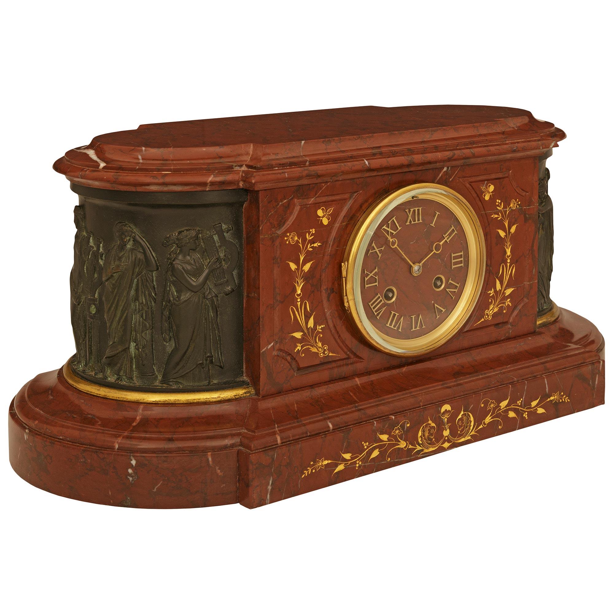 French 19th century Louis XVI st. Marble, patinated Bronze and Ormolu clock In Good Condition For Sale In West Palm Beach, FL