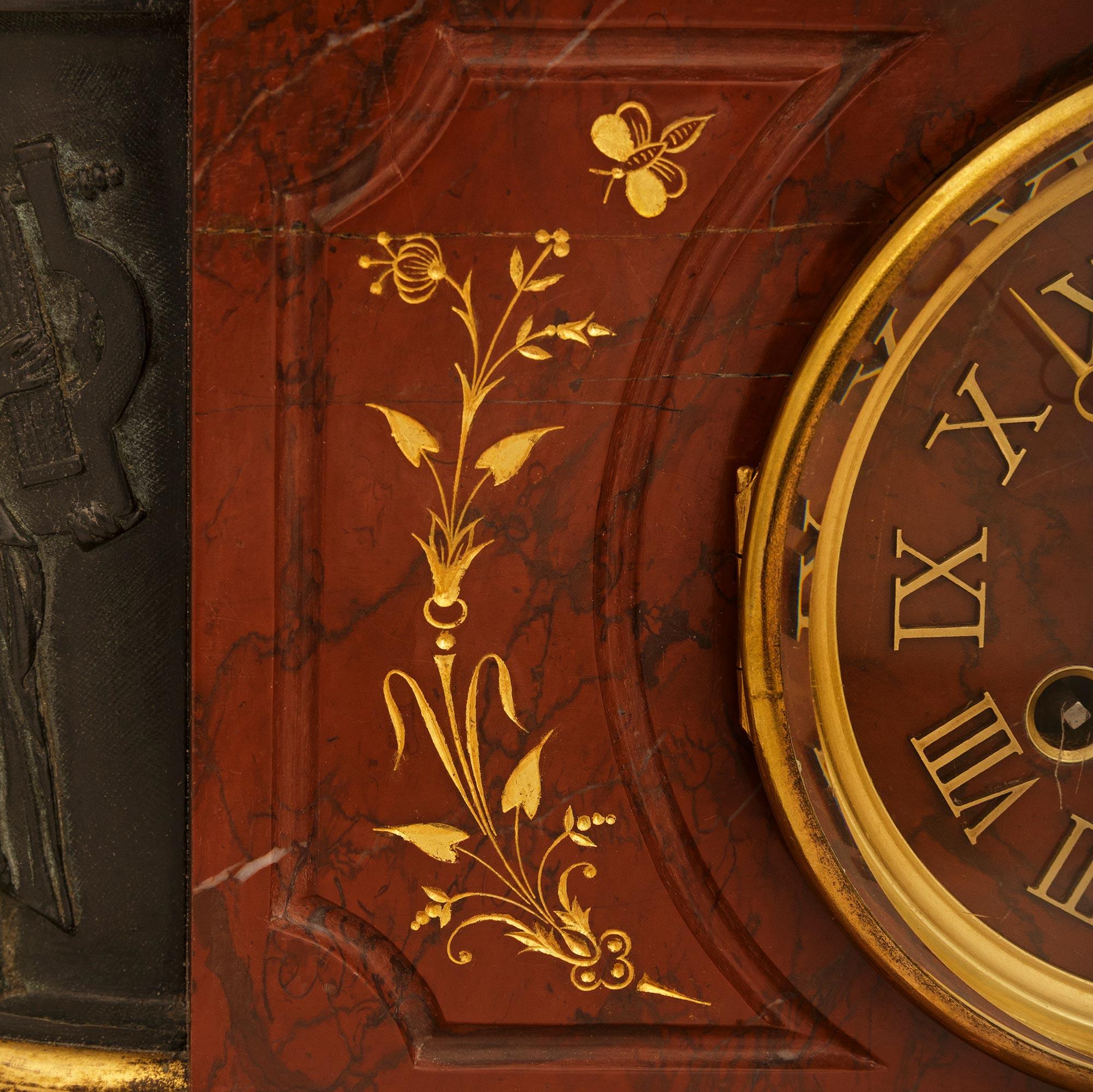 French 19th century Louis XVI st. Marble, patinated Bronze and Ormolu clock For Sale 4