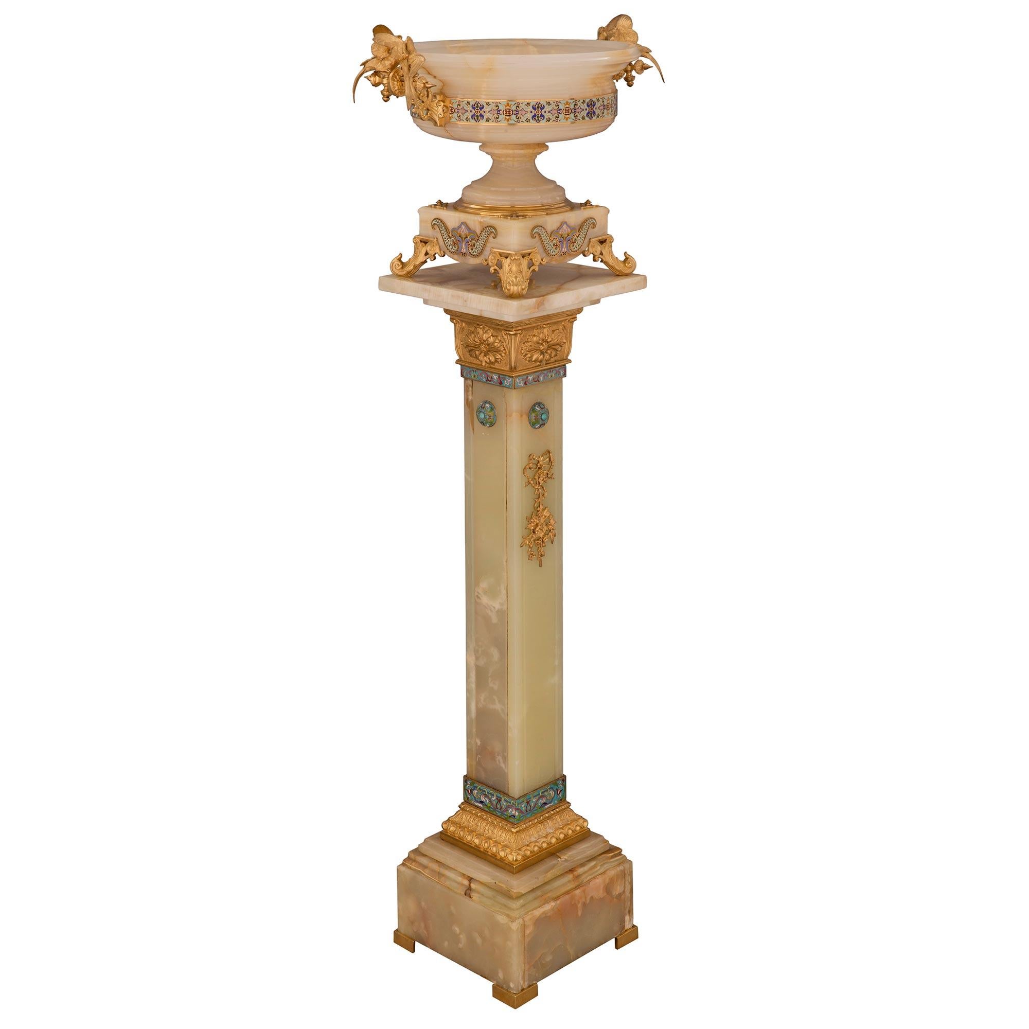 French 19th Century Louis XVI St. Onyx and Cloisonné Pedestal and Centerpiece For Sale 1