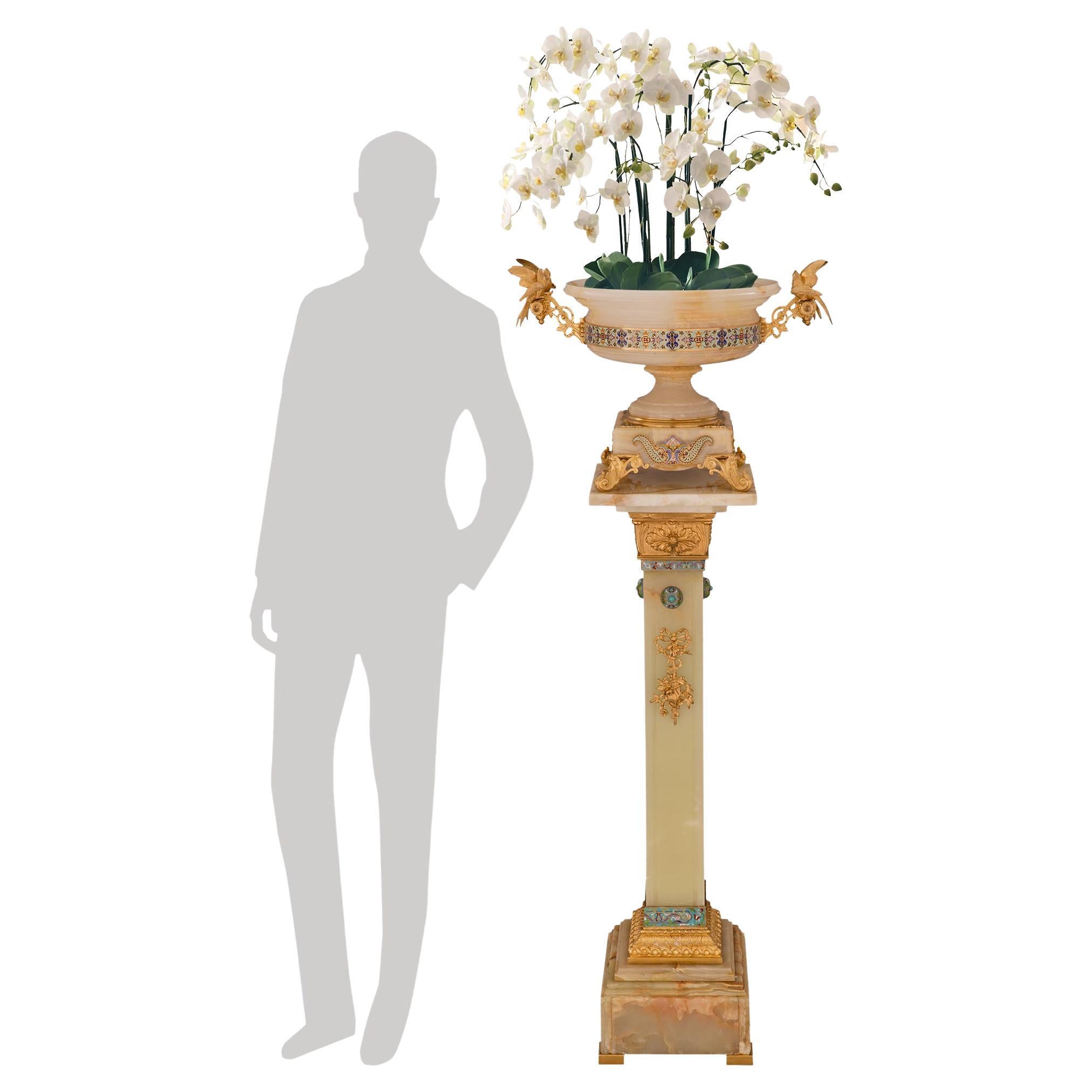 French 19th Century Louis XVI St. Onyx and Cloisonné Pedestal and Centerpiece For Sale
