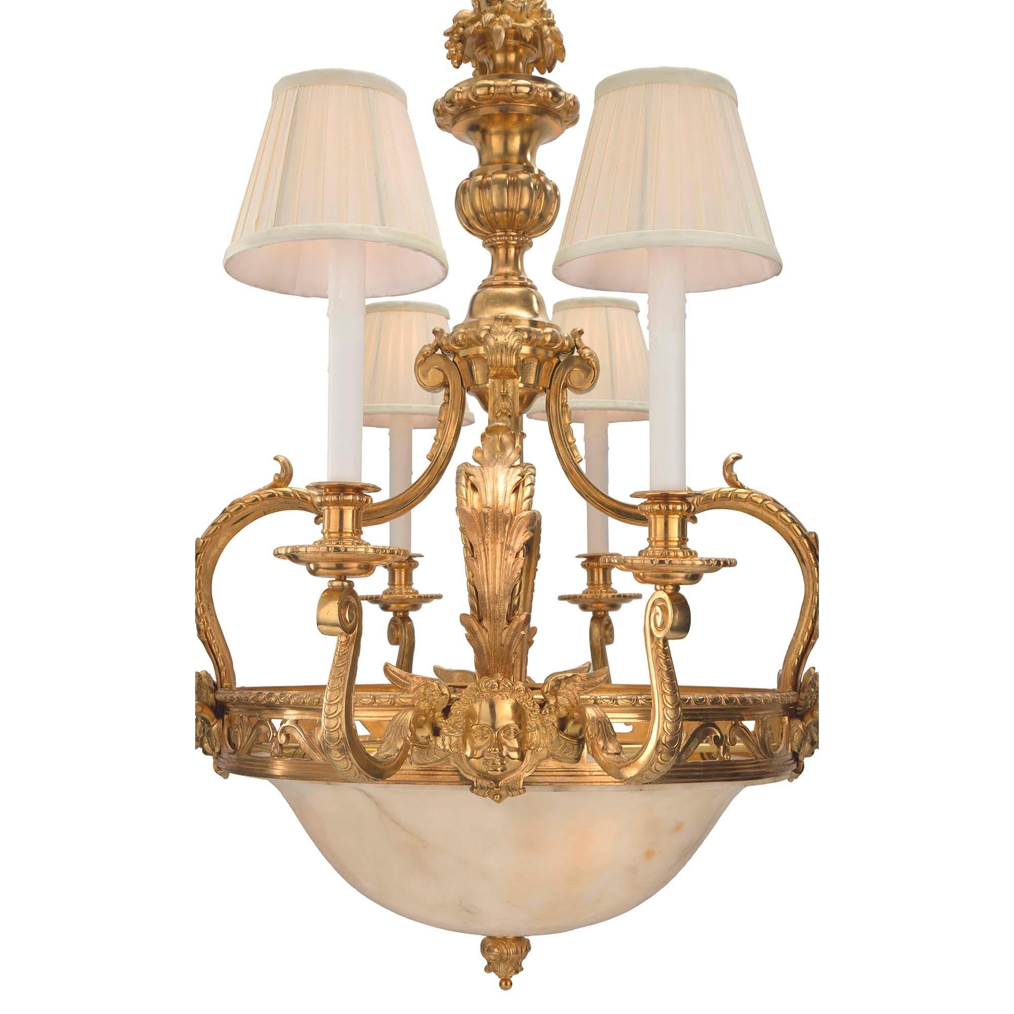 French 19th Century Louis XVI St. Ormolu and Alabaster Chandelier In Good Condition For Sale In West Palm Beach, FL