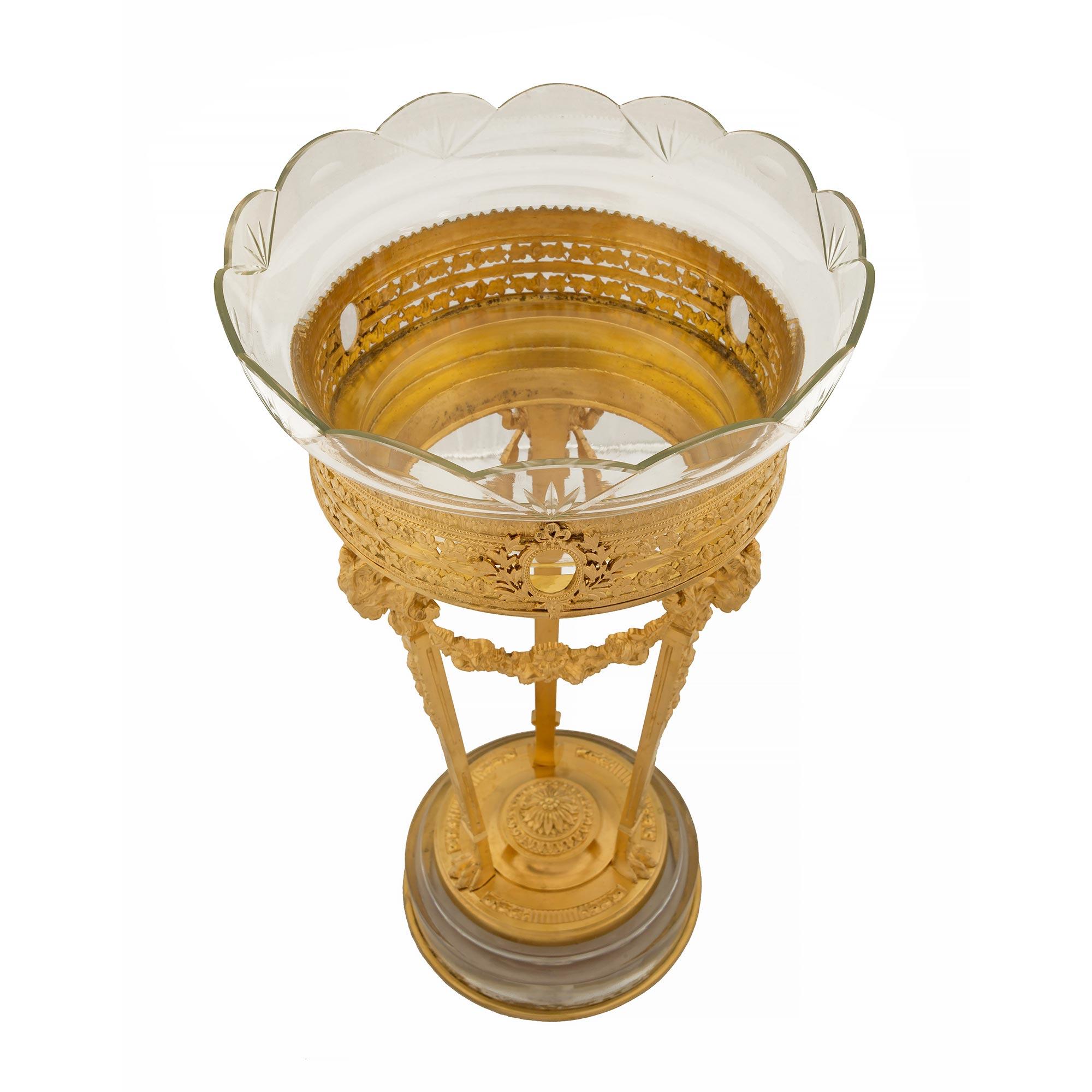 A very decorative French 19th century Louis XVI st. ormolu and Baccarat crystal Présentoire. The centerpiece is raised by a solid Baccarat crystal base with ormolu trim. Above is a circular and finely chased ormolu base below the three supports that
