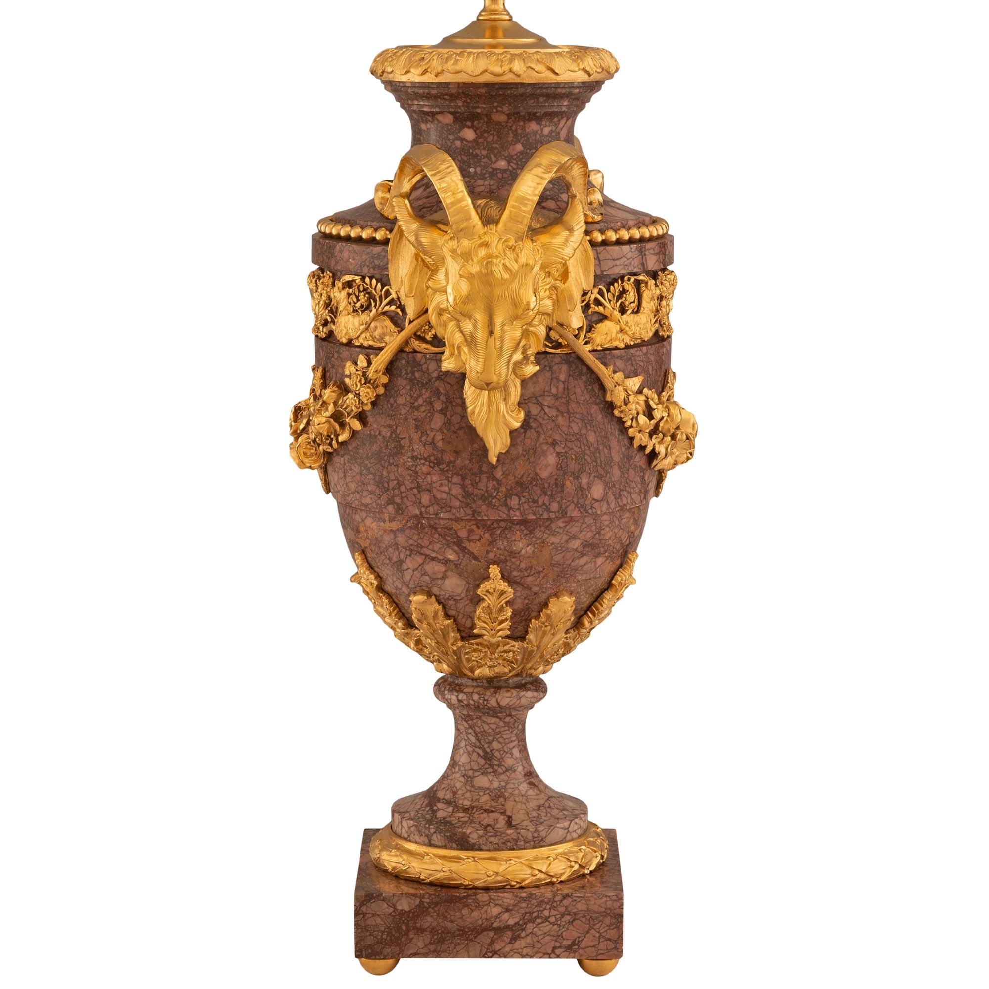 French 19th Century Louis XVI St. Ormolu And Breccia Marble Lamps In Good Condition For Sale In West Palm Beach, FL