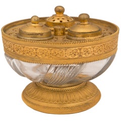 Französisches Louis XVI-Tintenfass aus Goldbronze und Kristall, 19. Jahrhundert