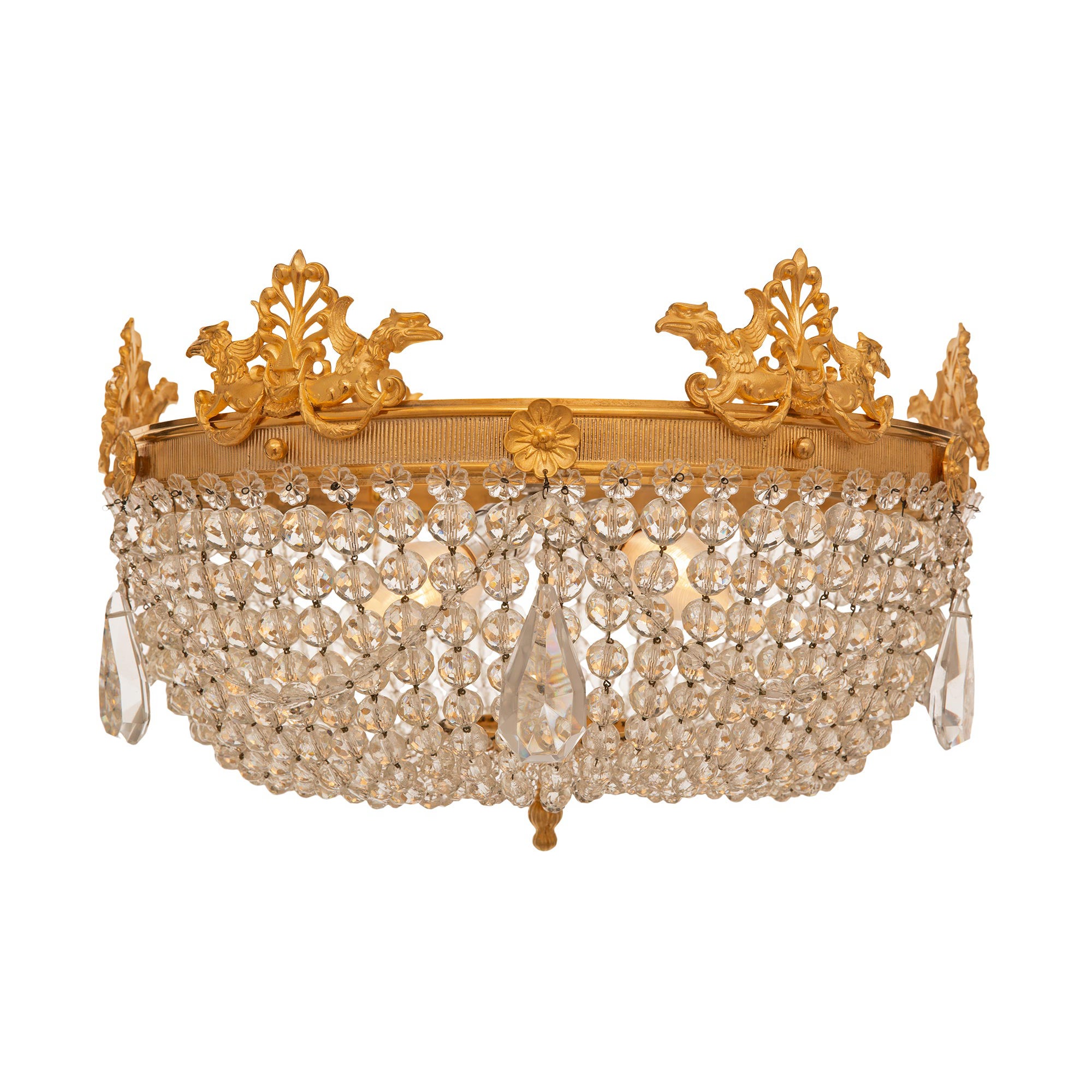 Lustre Plafonnier Louis XVI du 19ème siècle en bronze doré et cristal