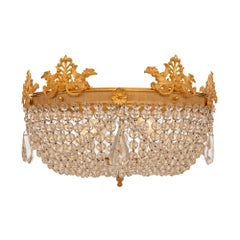 Lustre Plafonnier Louis XVI du 19ème siècle en bronze doré et cristal