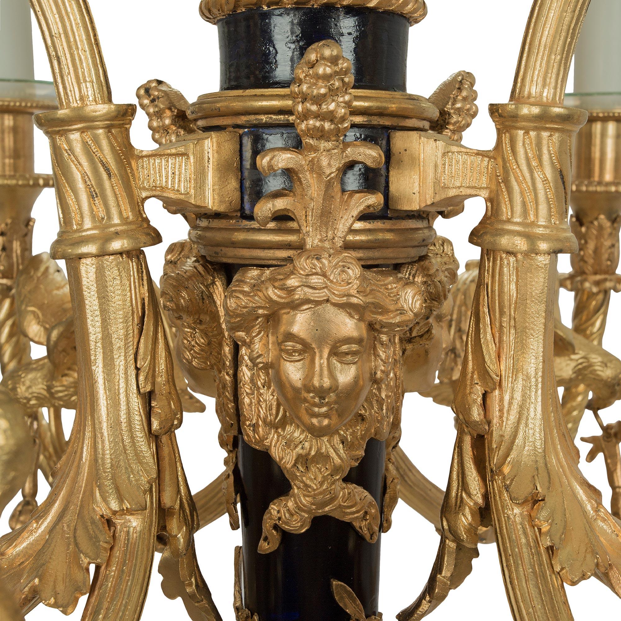 French 19th Century Louis XVI St. Ormolu and Enamel Six Light Chandelier For Sale 1