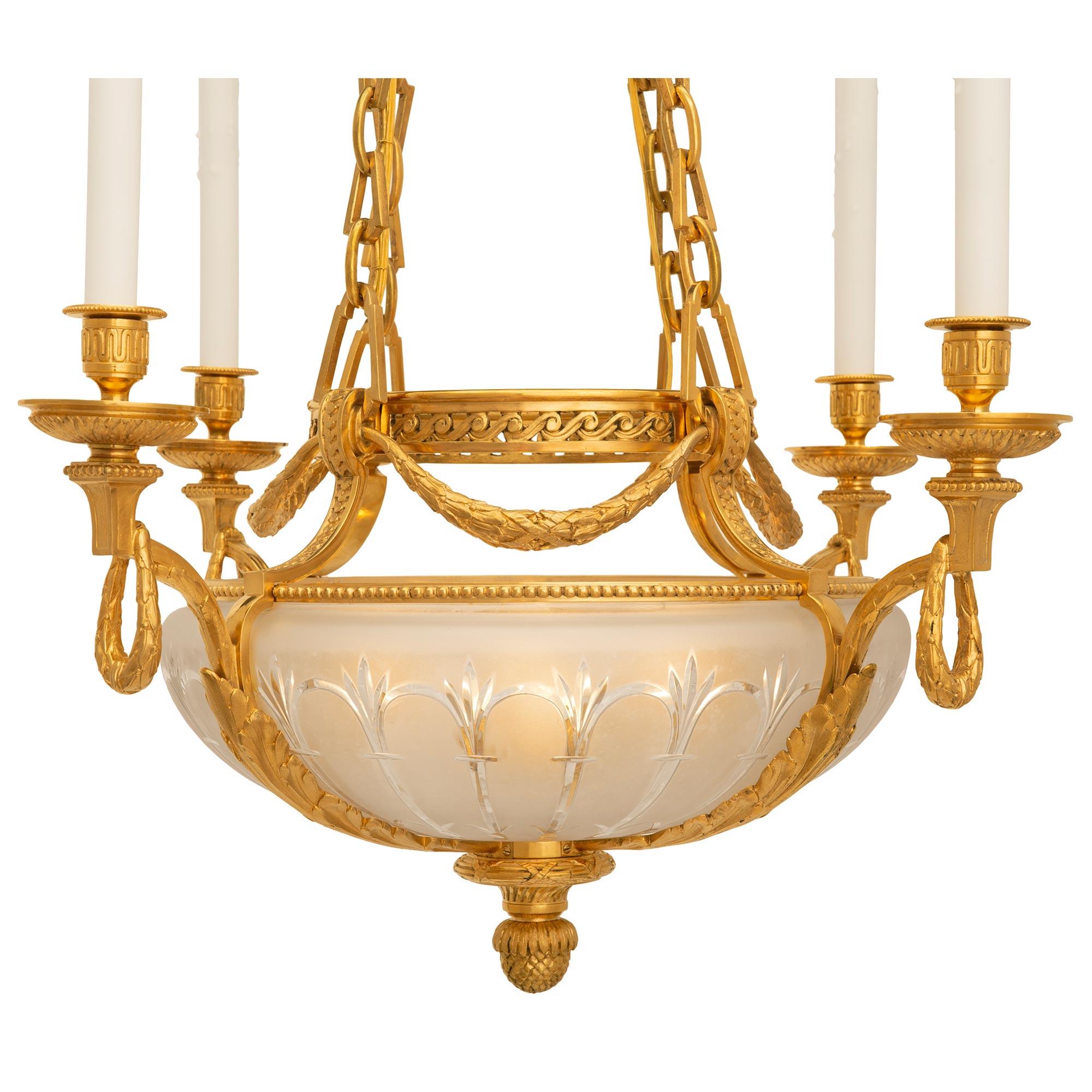 French 19th Century Louis XVI St. Ormolu and Etched Frosted Crystal Chandelier For Sale 3