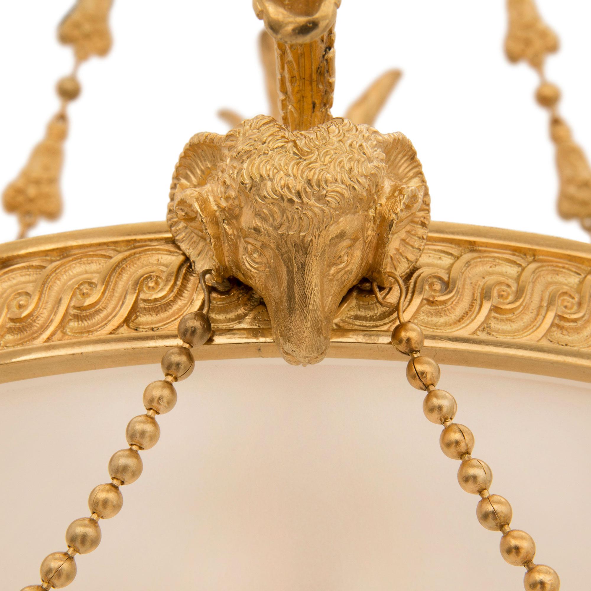 French 19th Century Louis XVI St. Ormolu and Frosted Glass Chandelier For Sale 3