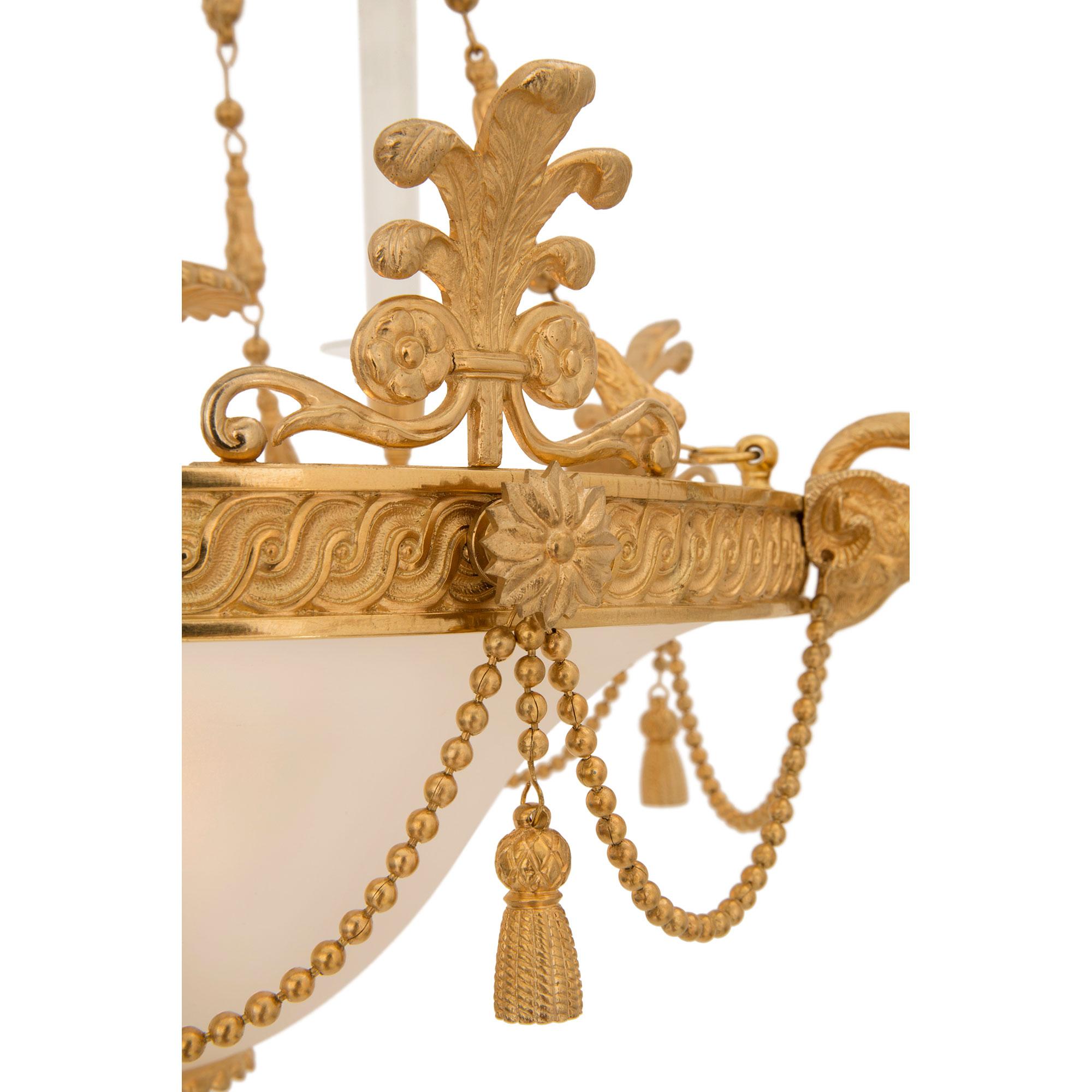 French 19th Century Louis XVI St. Ormolu and Frosted Glass Chandelier For Sale 4