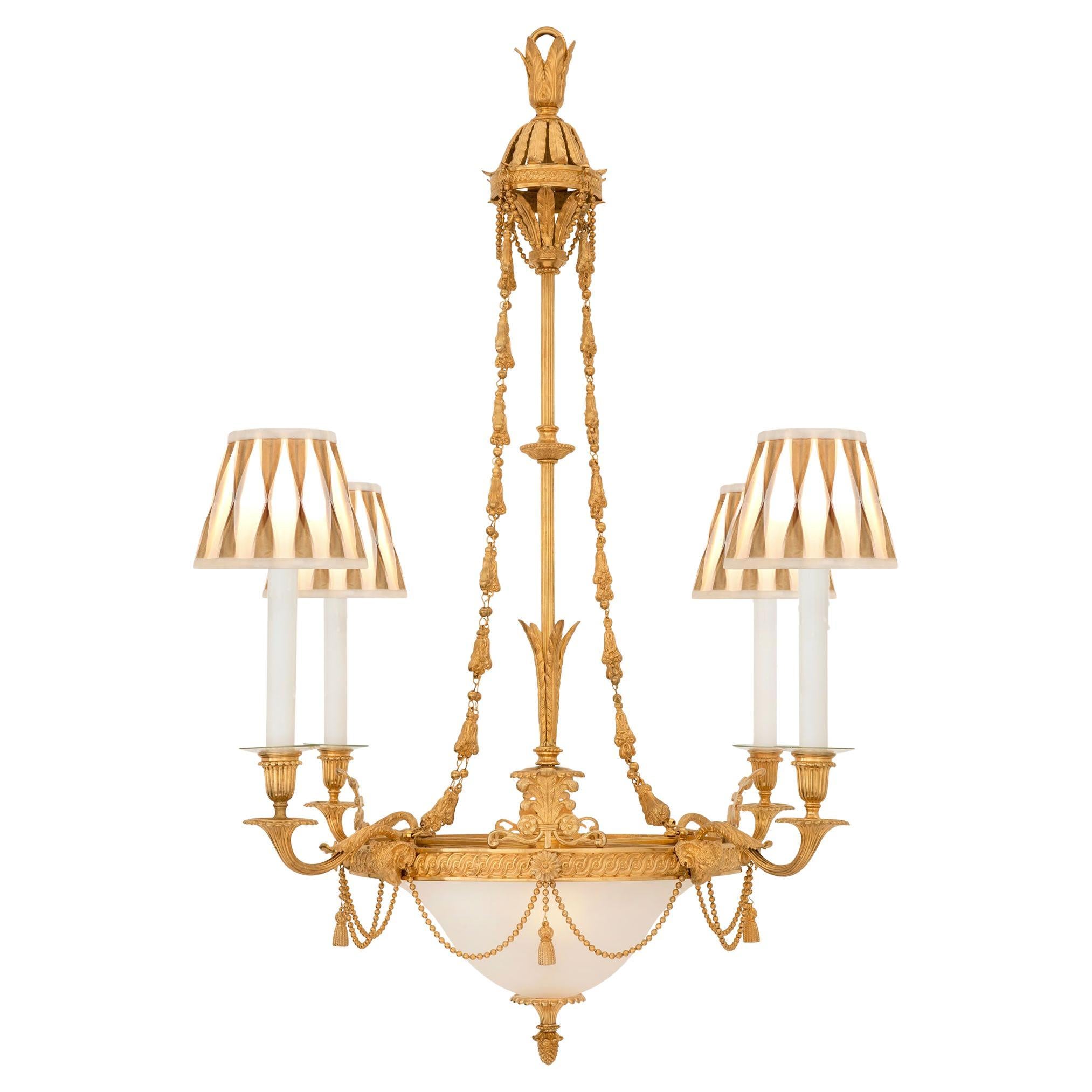 French 19th Century Louis XVI St. Ormolu and Frosted Glass Chandelier For Sale