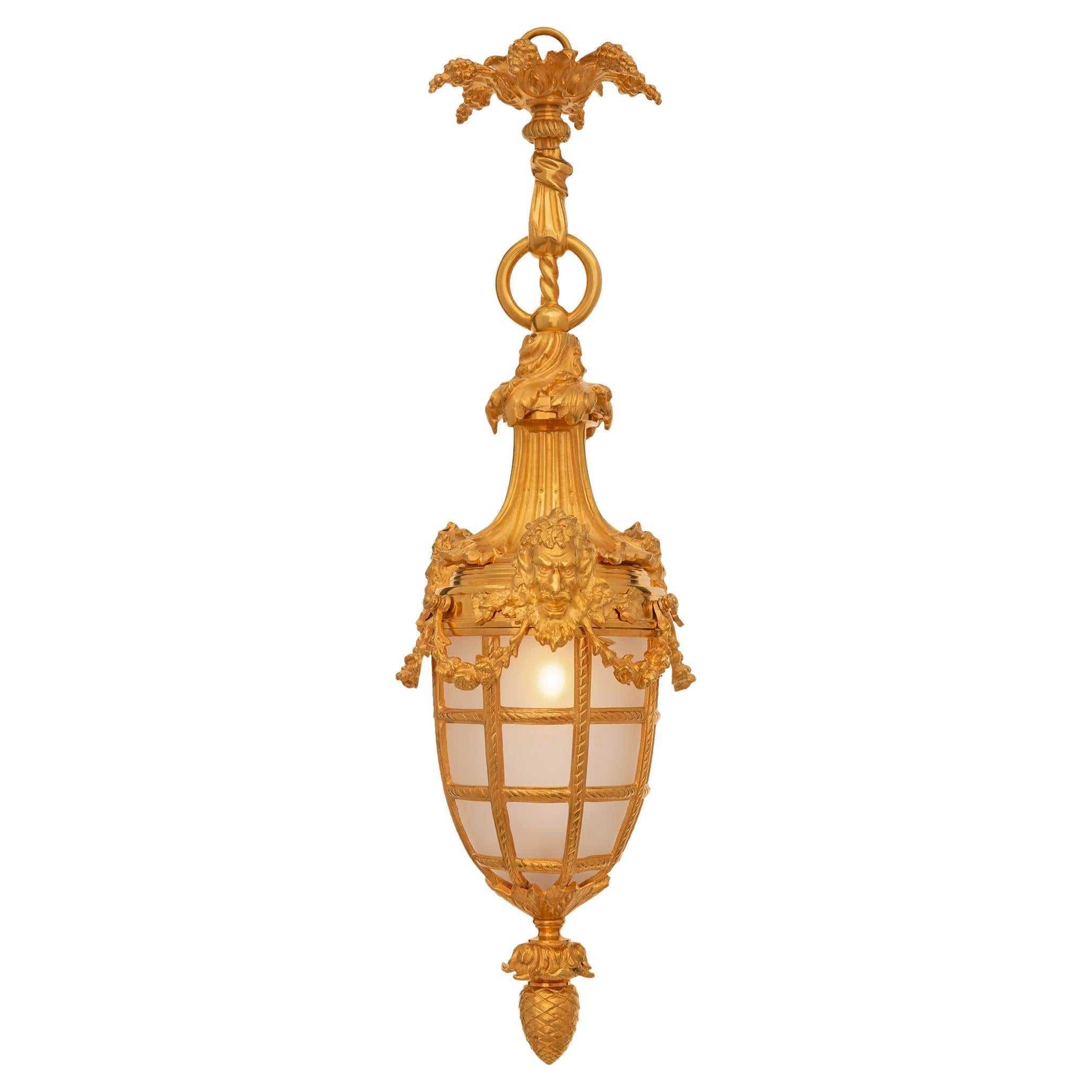 French 19th Century Louis XVI St. Ormolu and Frosted Glass Lantern